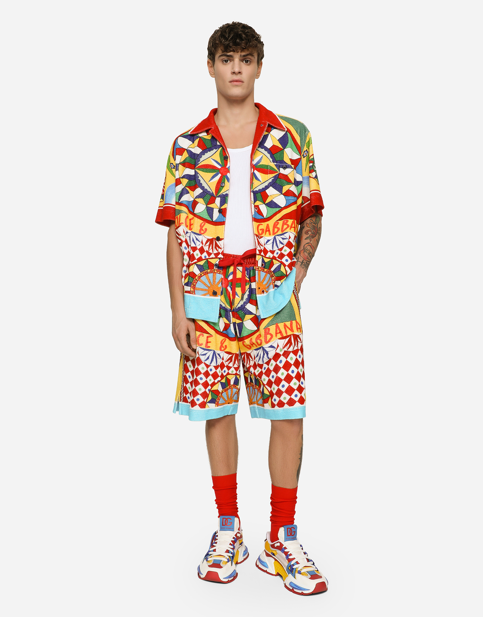 DOLCE & GABBANA TERRY JERSEY HAWAIIAN SHIRT WITH CARRETTO PRINT