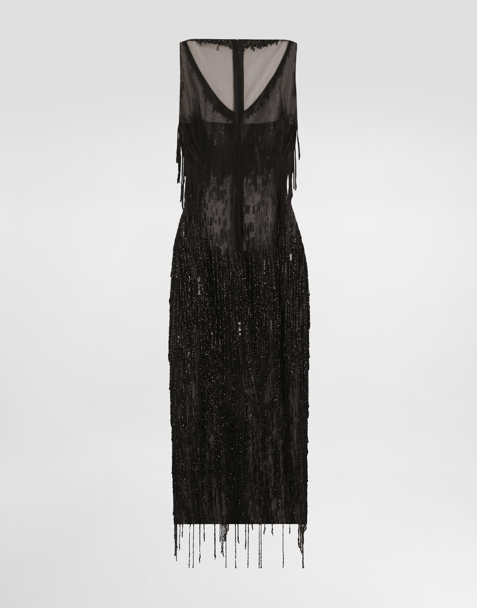 Sleeveless calf-length marquisette dress with sequined fringing