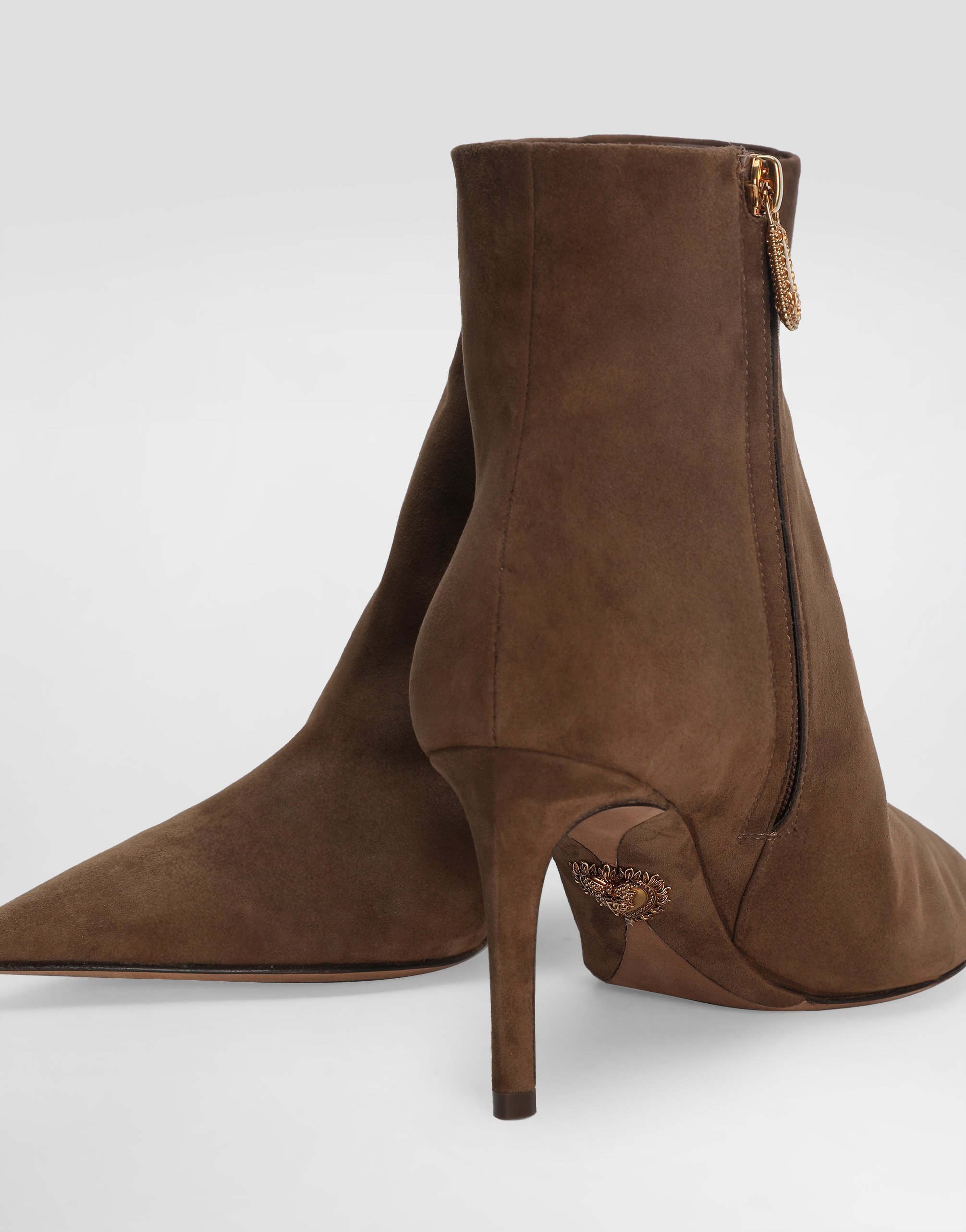 Dolce & Gabbana Beige Ankle Boots With Pointed Toe And Metallic Logo In Suede Woman In Brown