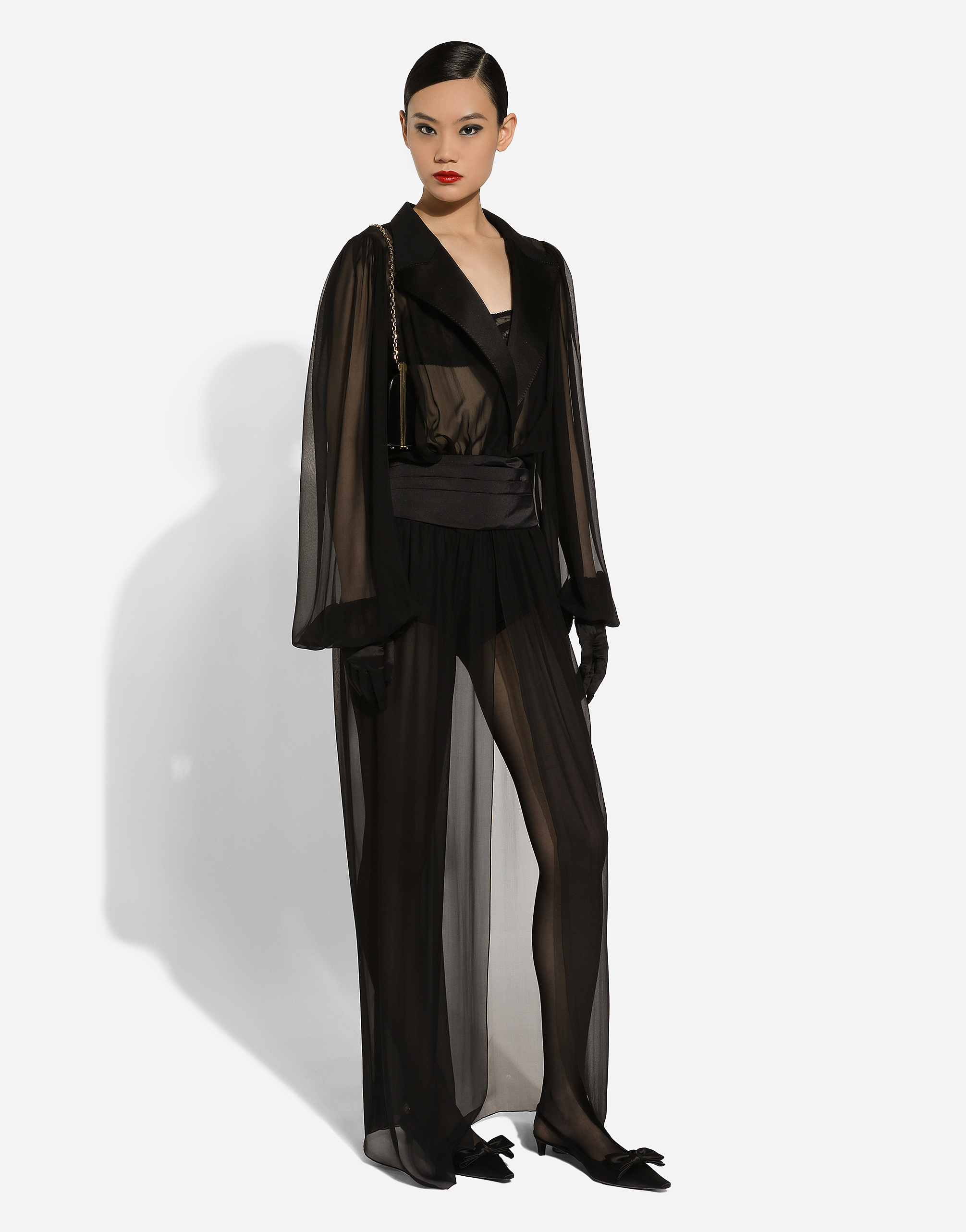 Long silk chiffon tuxedo dress