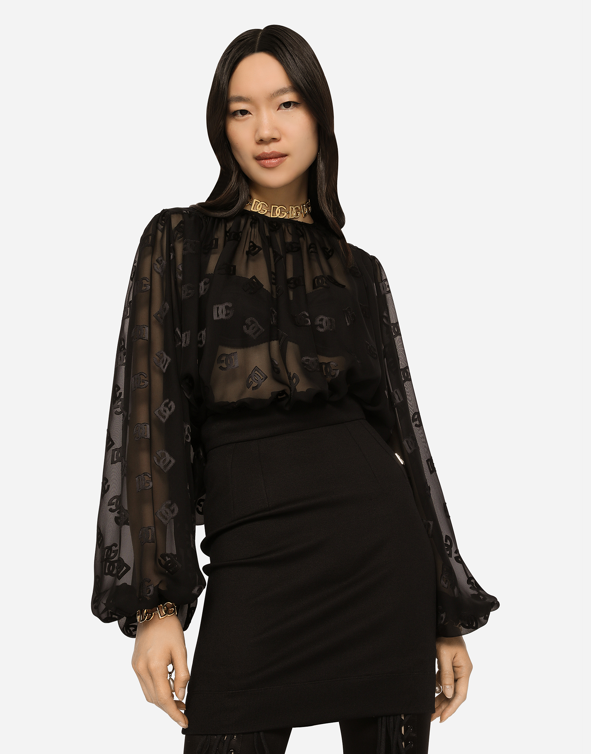 Shop Dolce & Gabbana Devoré Satin Blouse With All-over Dg Logo In Black