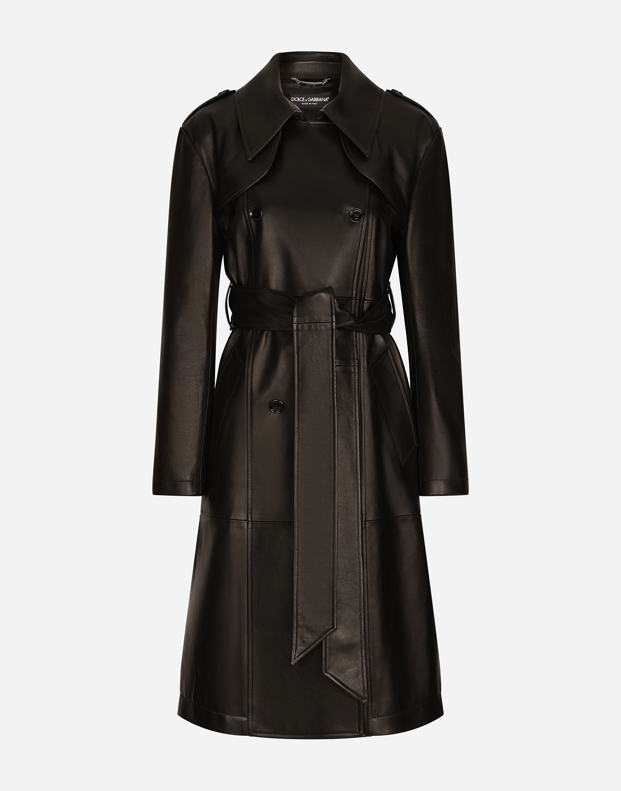 Dolce & Gabbana Belted Double-breasted Leather Coat In Black