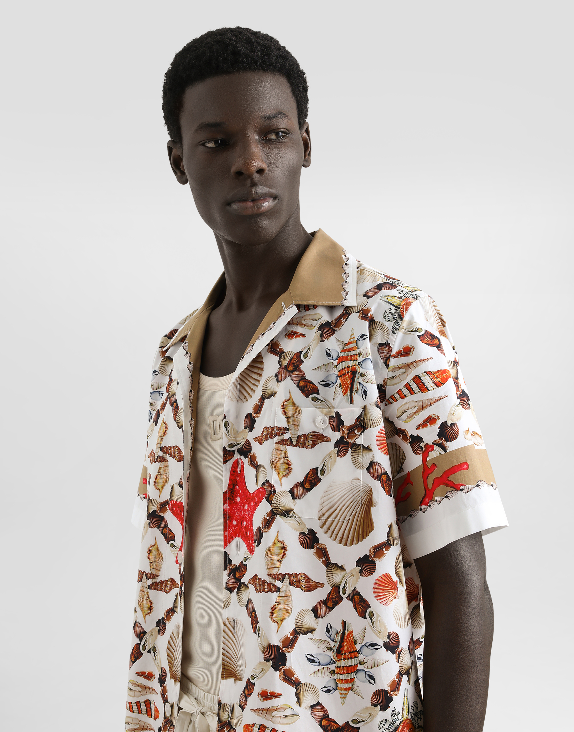 Dolce & Gabbana Camicia Hawaii In Drill Stampa Conchiglia Elasticizzato In Gray