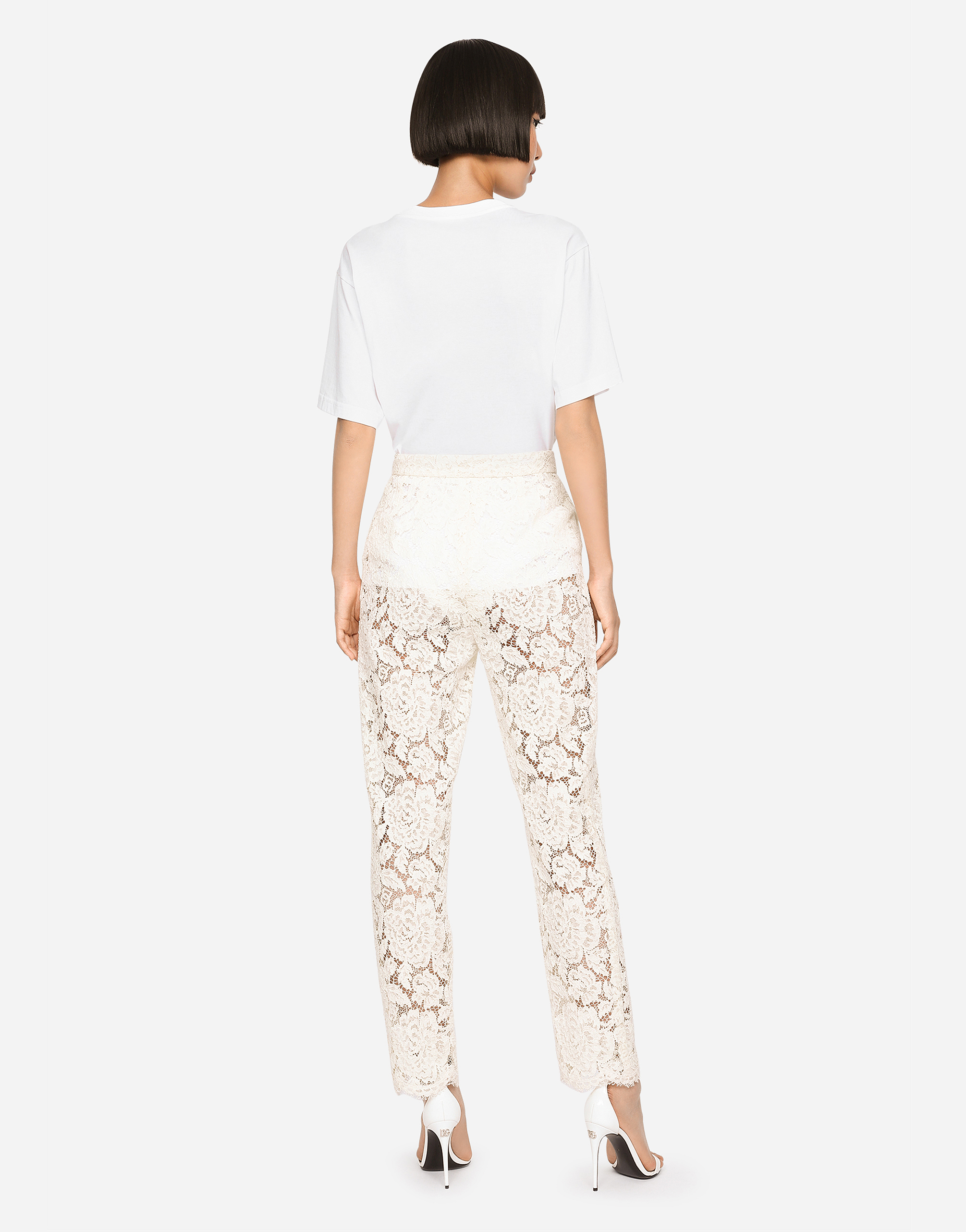 Shop Dolce & Gabbana Branded Stretch Lace Pants In White