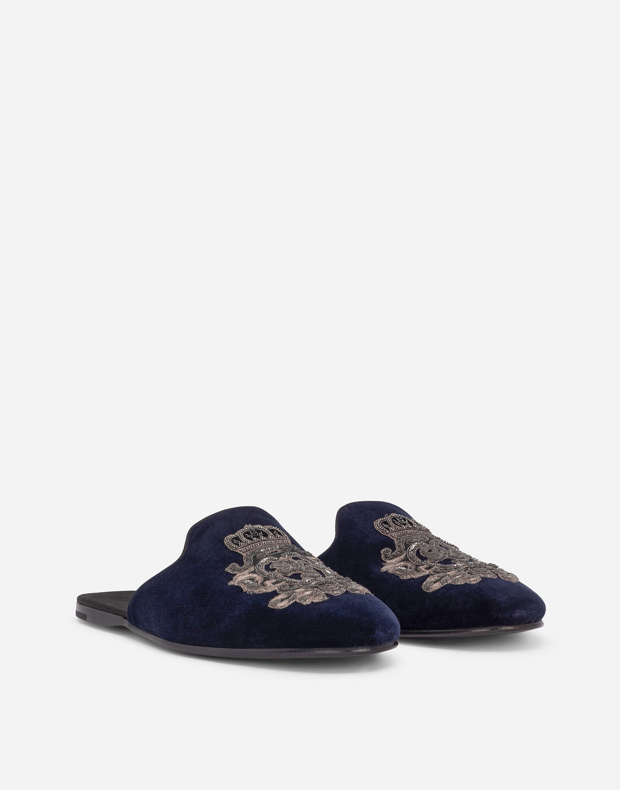 Shop Dolce & Gabbana Velvet Slippers With Coat Of Arms Embroidery In Blue
