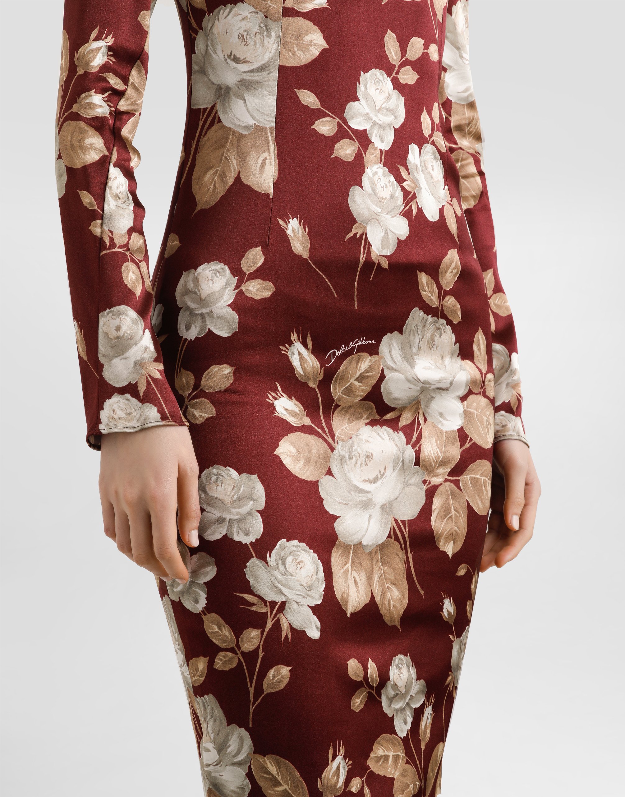 Dolce & Gabbana Rose Print Midi Dress With A Square Neckline In Multi