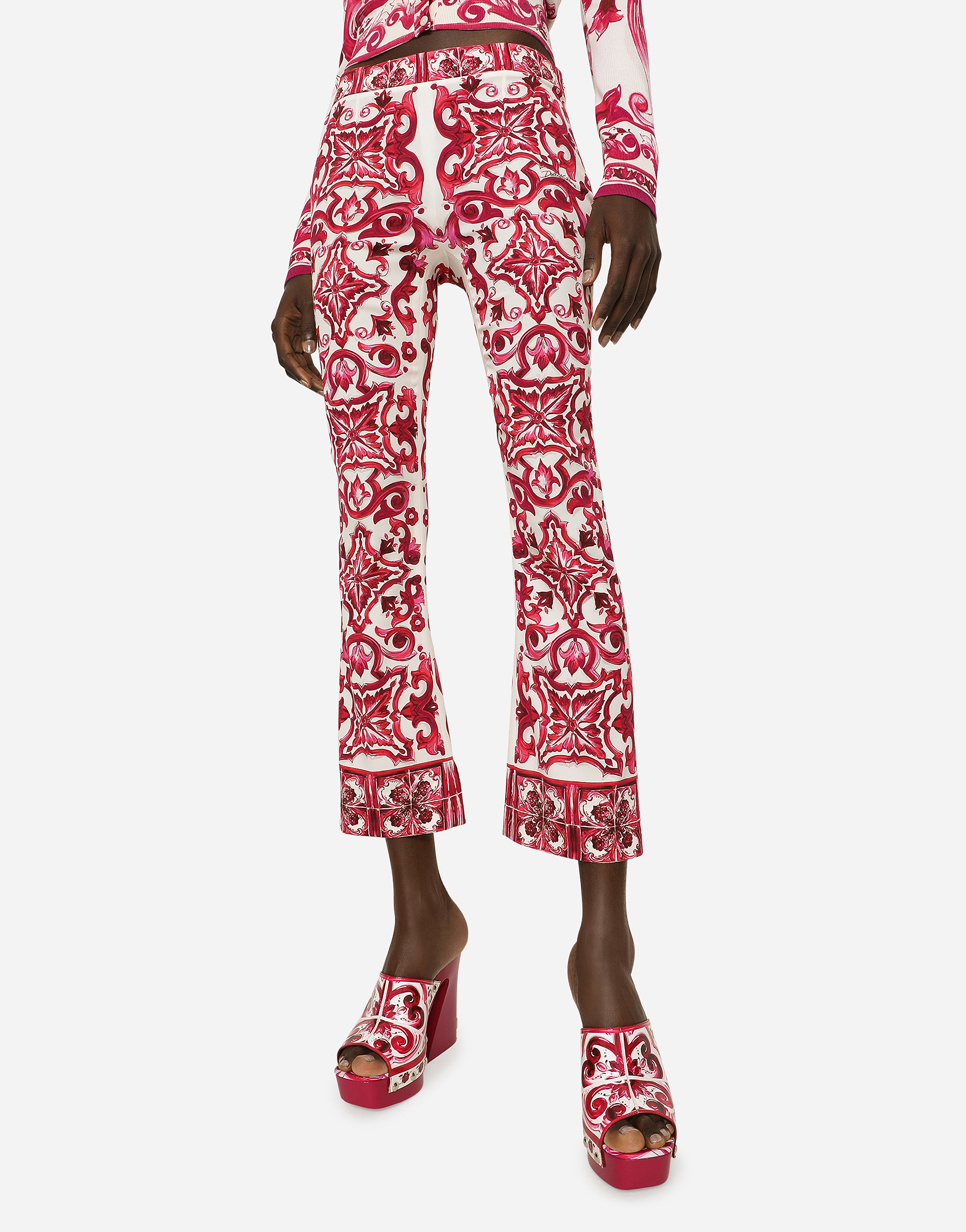 Shop Dolce & Gabbana Flared Trumpet-leg Charmeuse Pants With Majolica Print In Multicolor