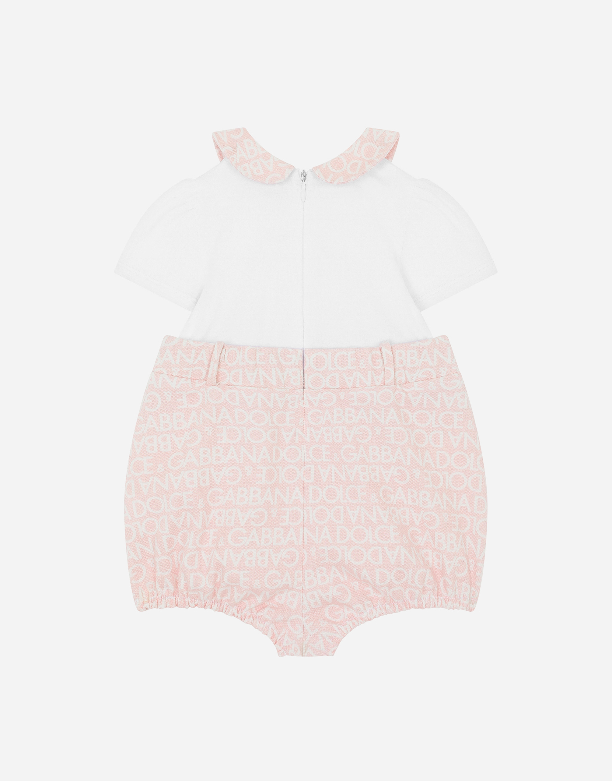DOLCE & GABBANA POPLIN AND JERSEY ROMPER SUIT WITH ALL-OVER LOGO PRINT