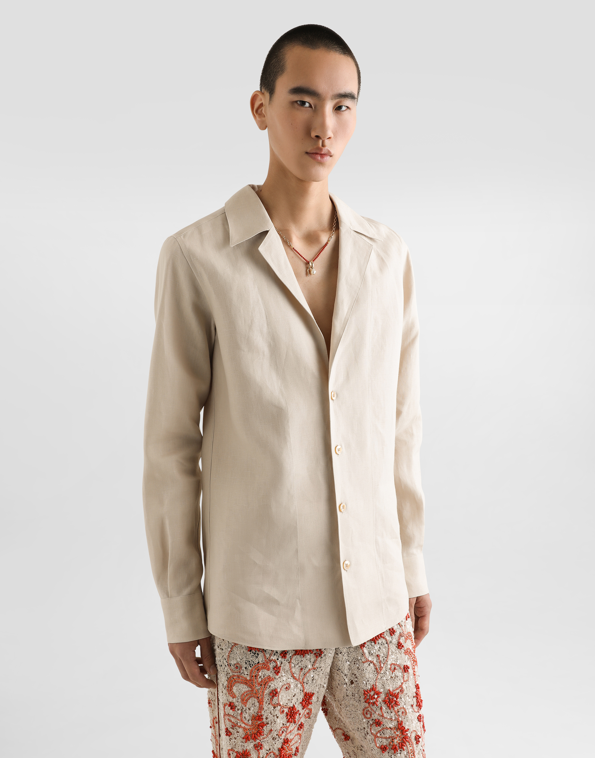 Dolce & Gabbana Long Sleeve Linen Shirt In Beige