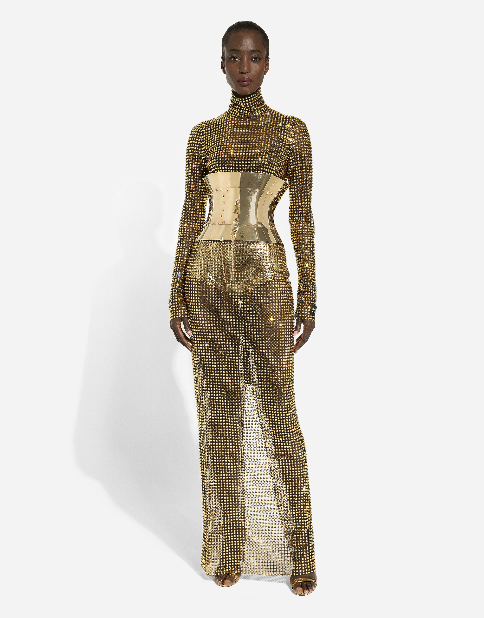 DOLCE & GABBANA LONG DRESS WITH ALL-OVER RHINESTONE EMBELLISHMENT ON TULLE