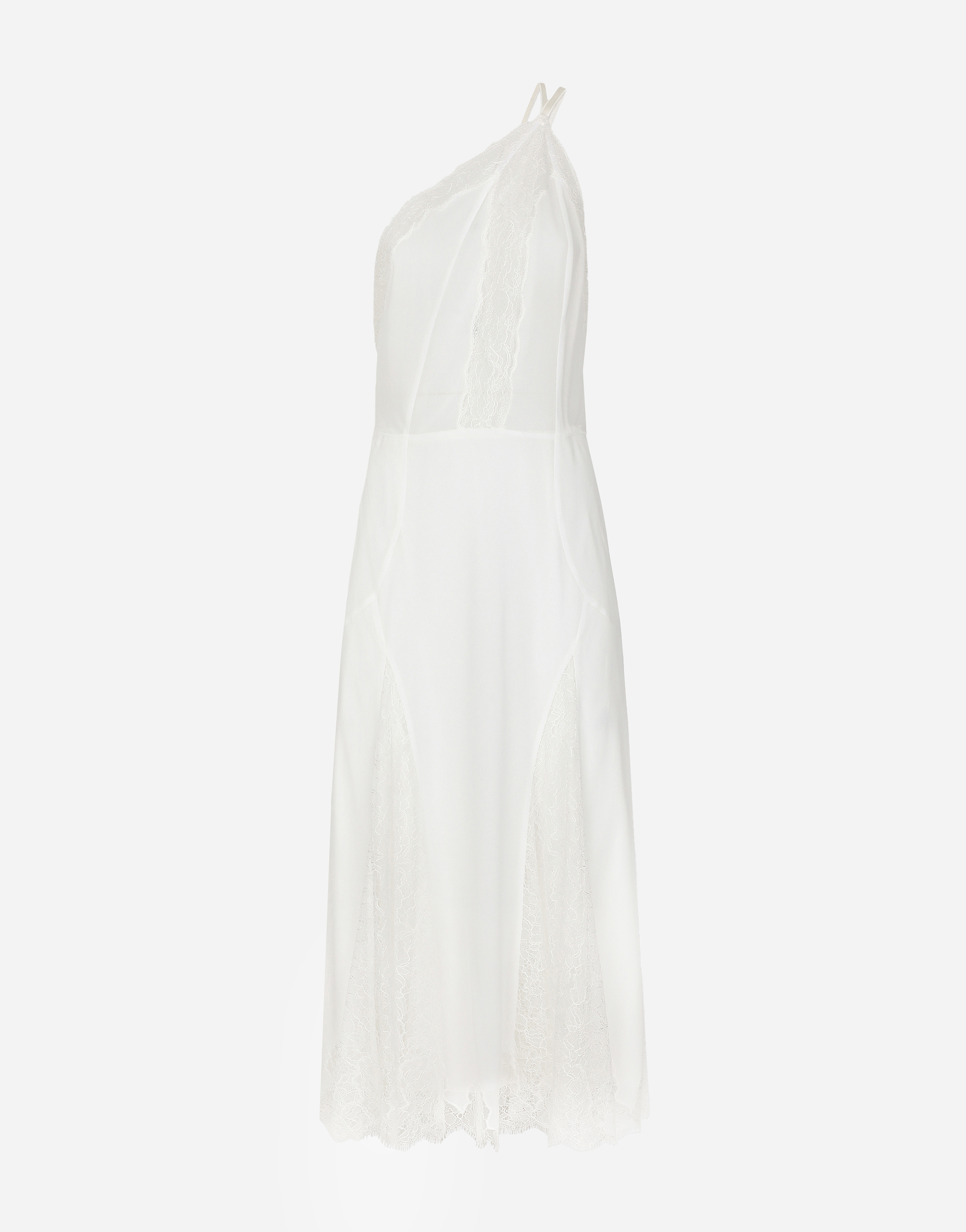 Organzine and lace calf-length dress with asymmetrical neckline in