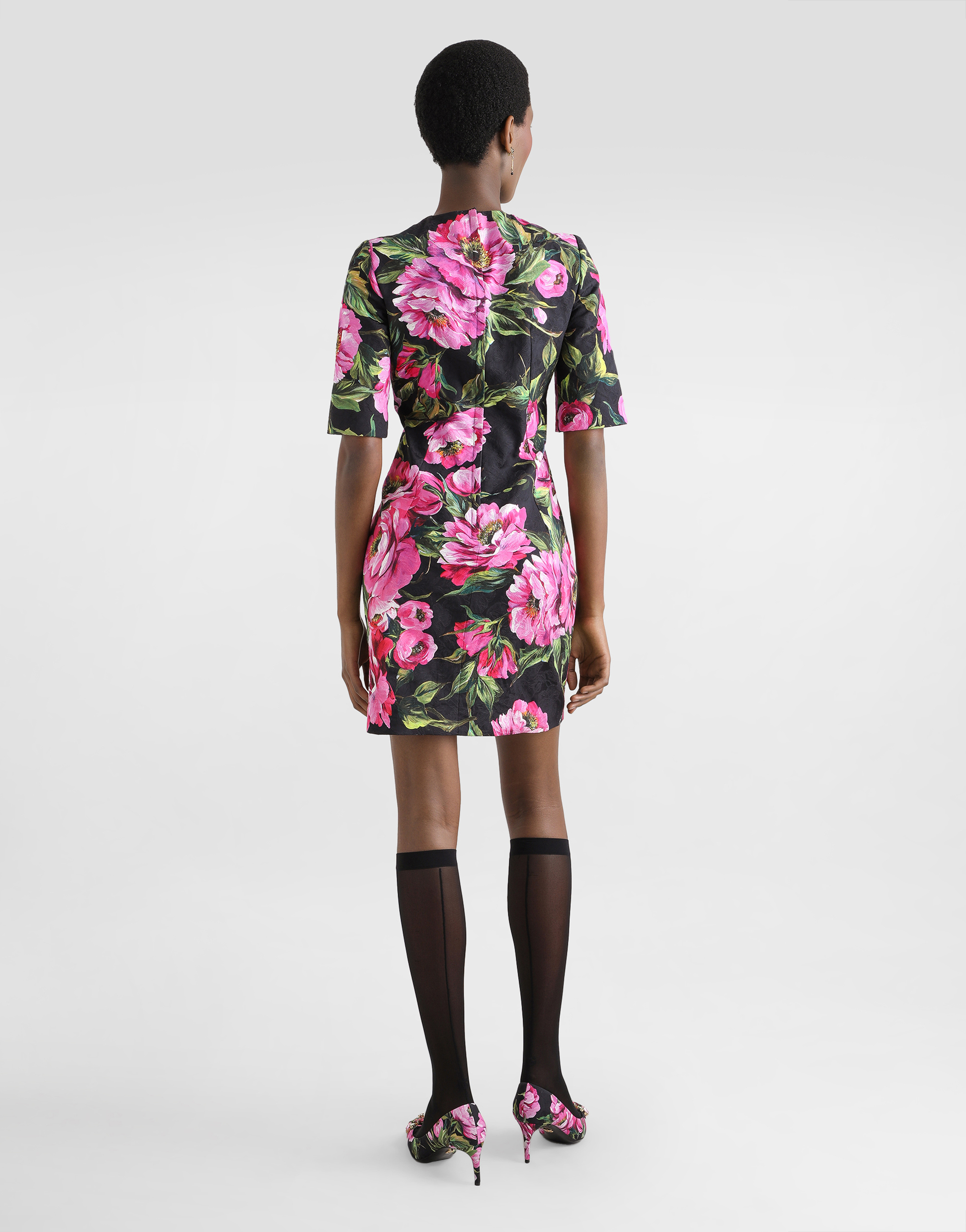 Dolce & Gabbana Black Floral Cotton Dress With Peonies In Print