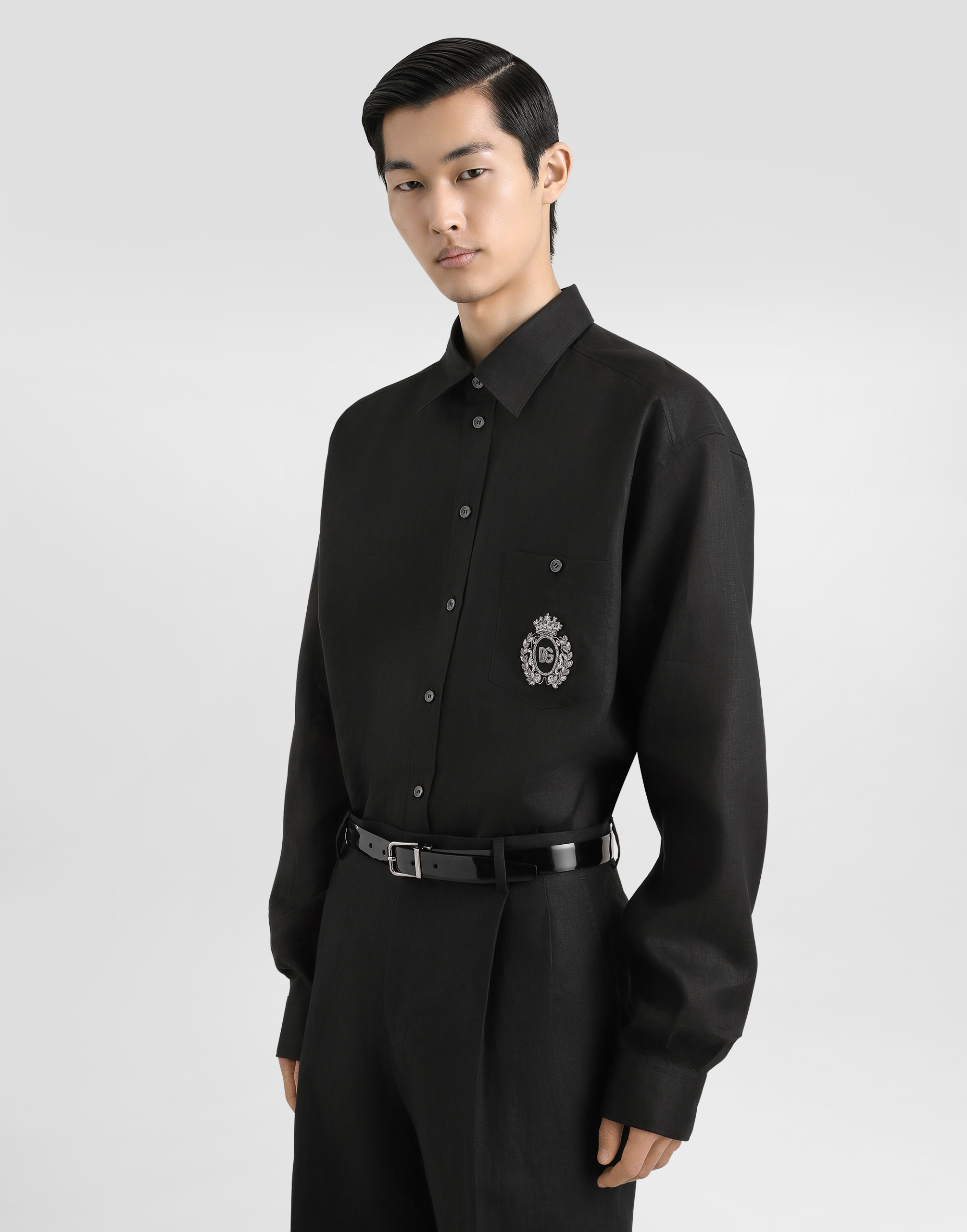 Dolce & Gabbana Cotton Tuxedo Shirt With Heraldic Patch In Black