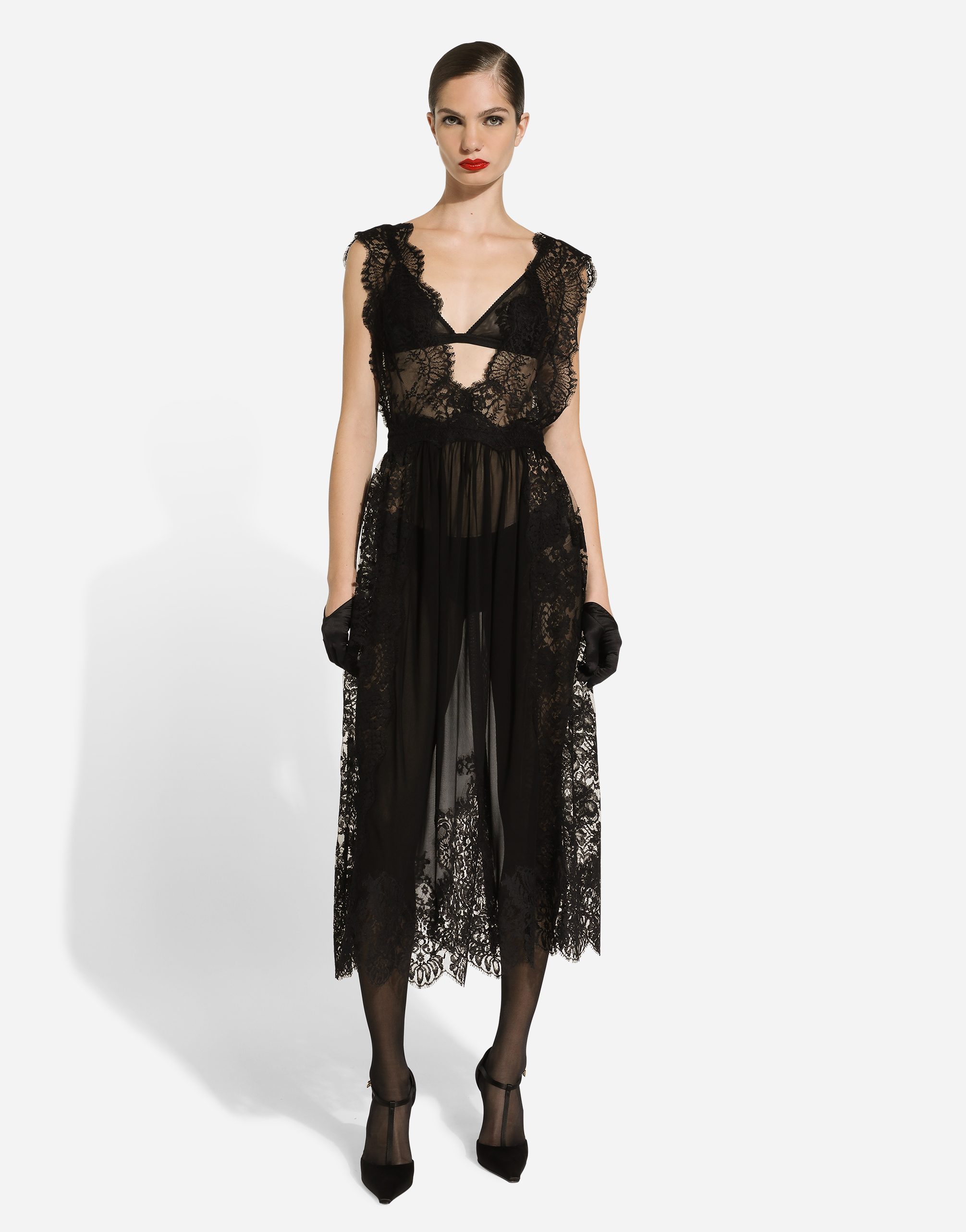 Dolce & Gabbana Calf-length Chantilly Lace Dress With Organzine Details In Black