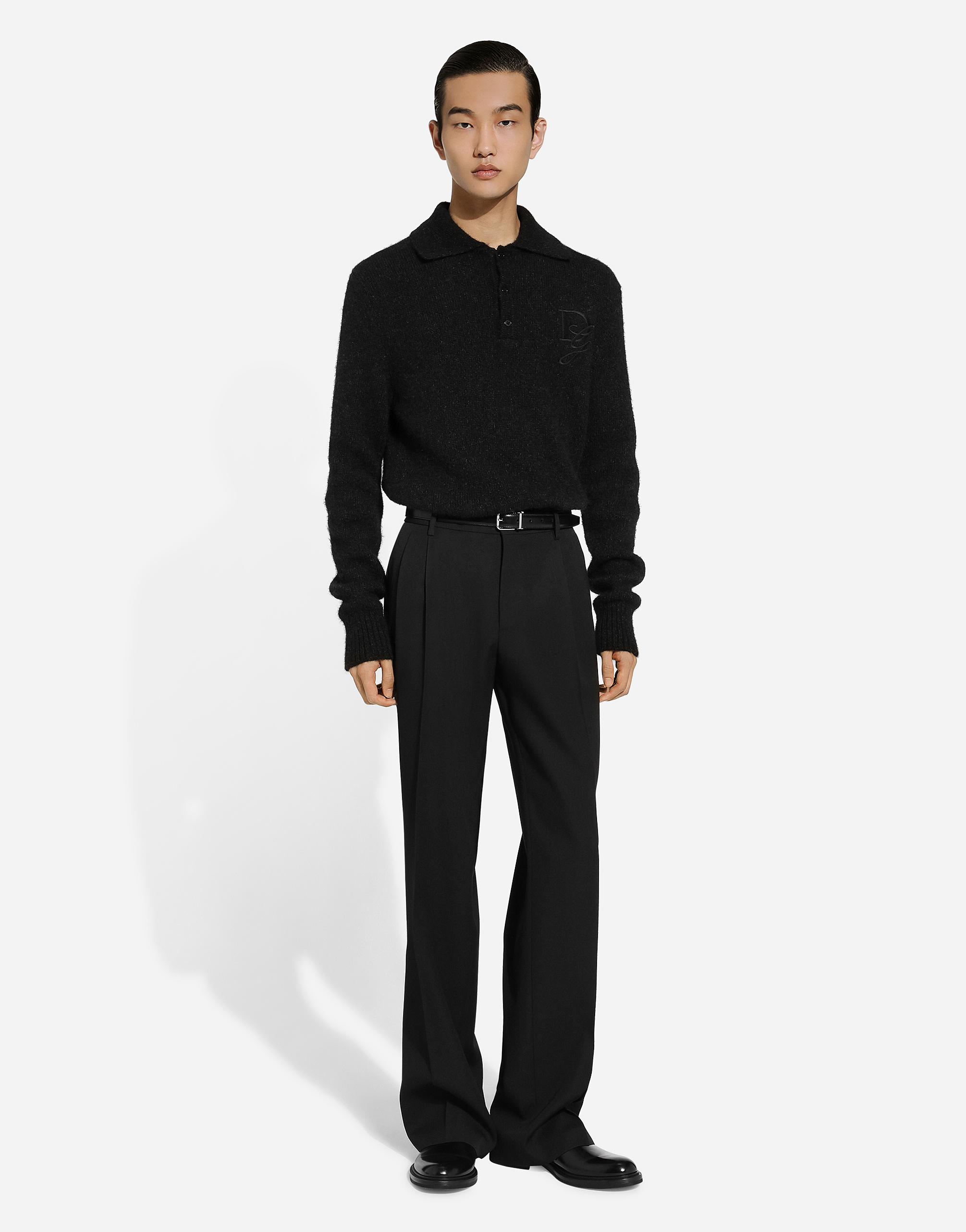  Dolce & Gabbana Long-sleeved Wool Polo-shirt With Embroidered Logo - Man Sweaters And Cardigans Gray 48 