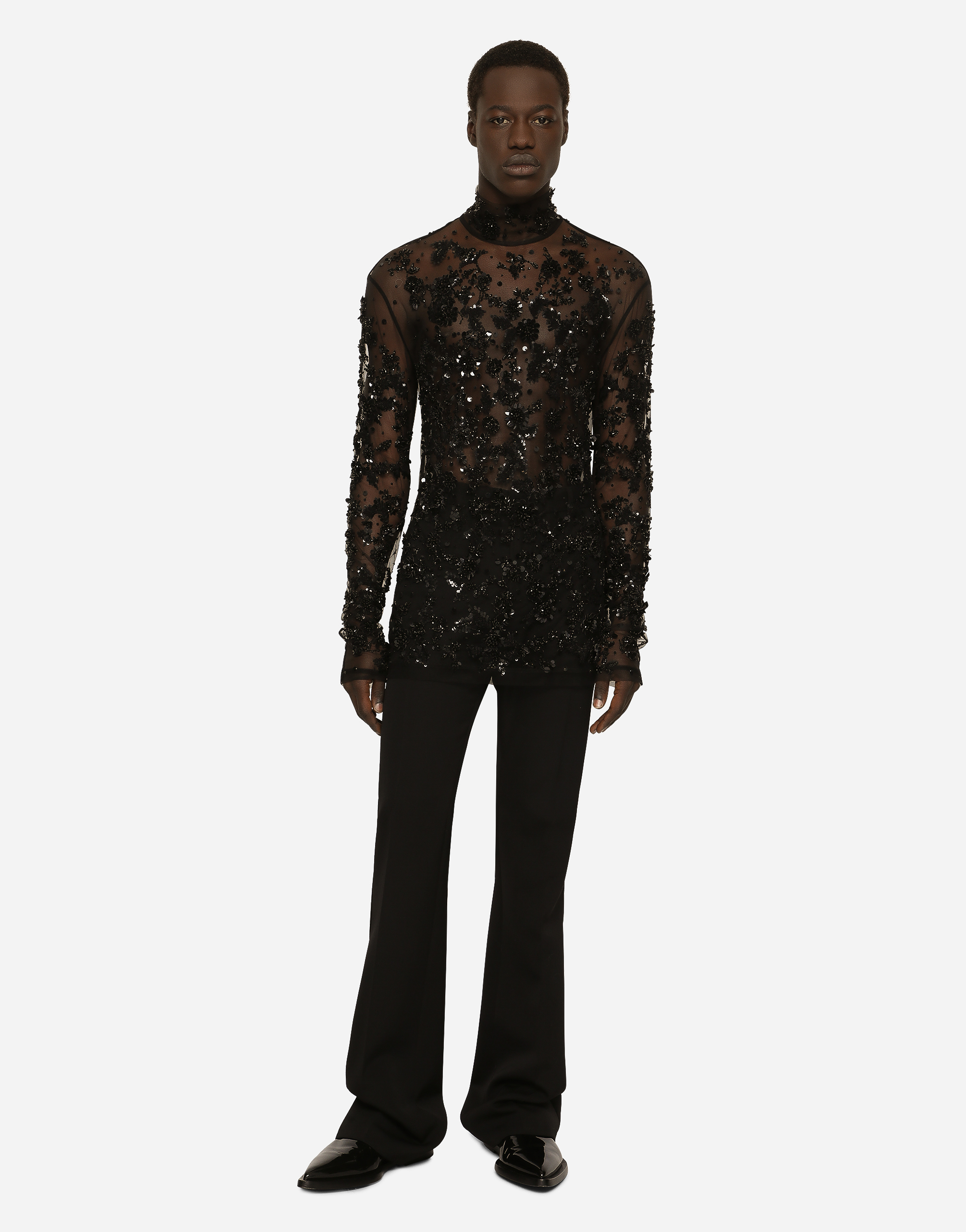  Dolce & Gabbana Dolce & Gabbana High-necked Tulle T-shirt With Sequined Details - Man T-shirts And Polos Black Tulle 46 
