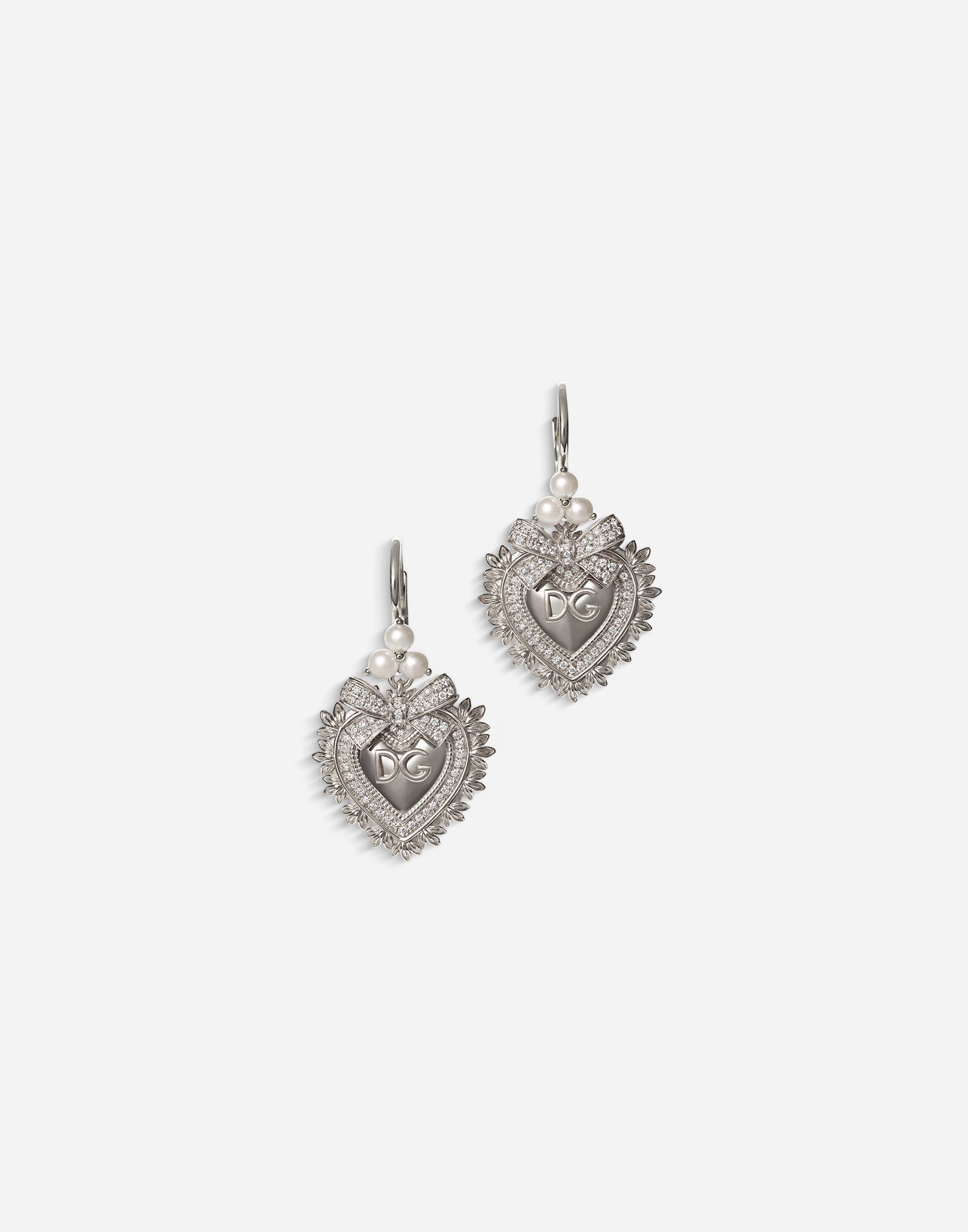 Dolce & Gabbana 18kt White Gold Devotion Diamond And Pearl Sacred Heart Earrings