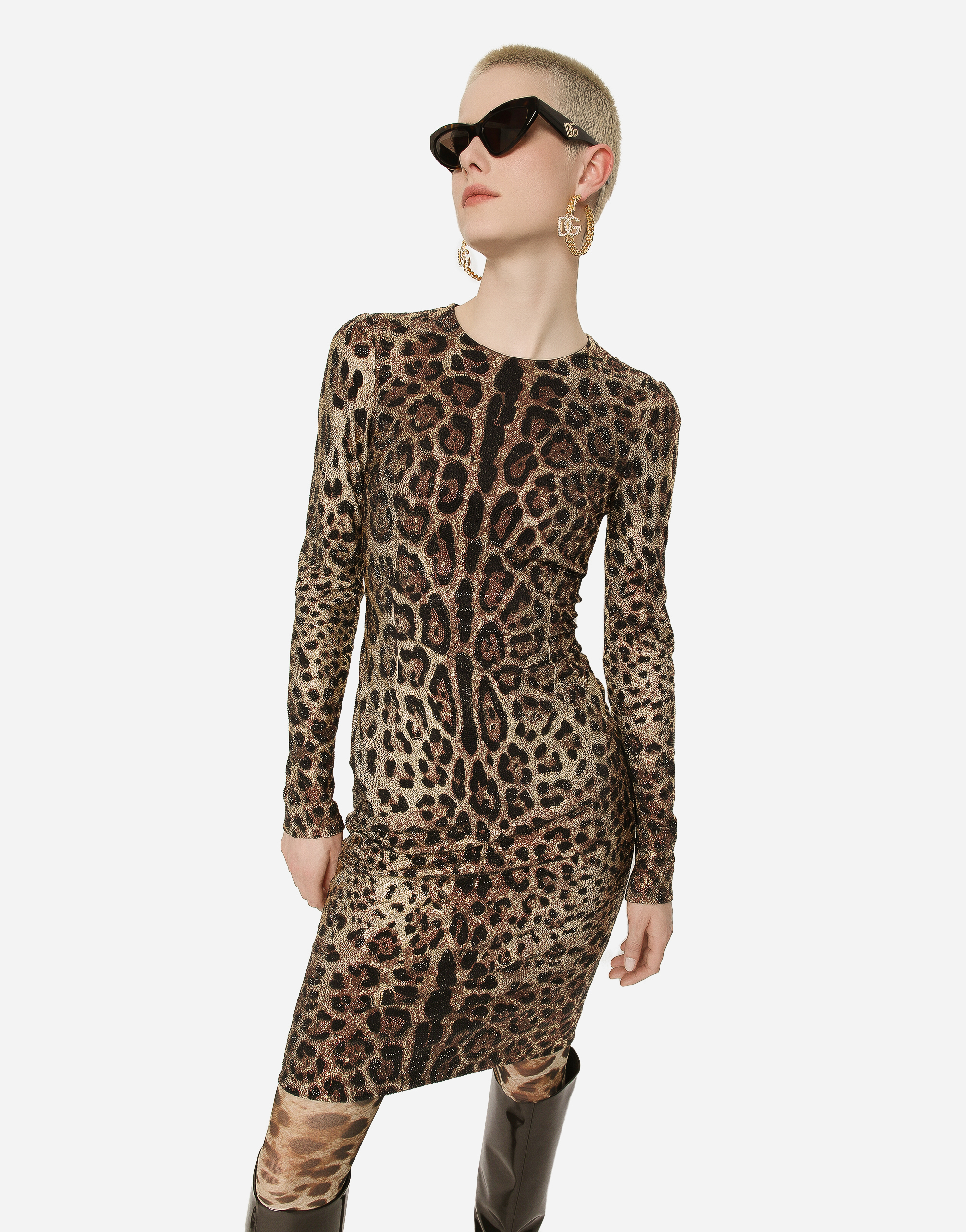 Shop Dolce & Gabbana Leopard-print Jersey Midi Dress With Fusible Rhinestones In Multicolor