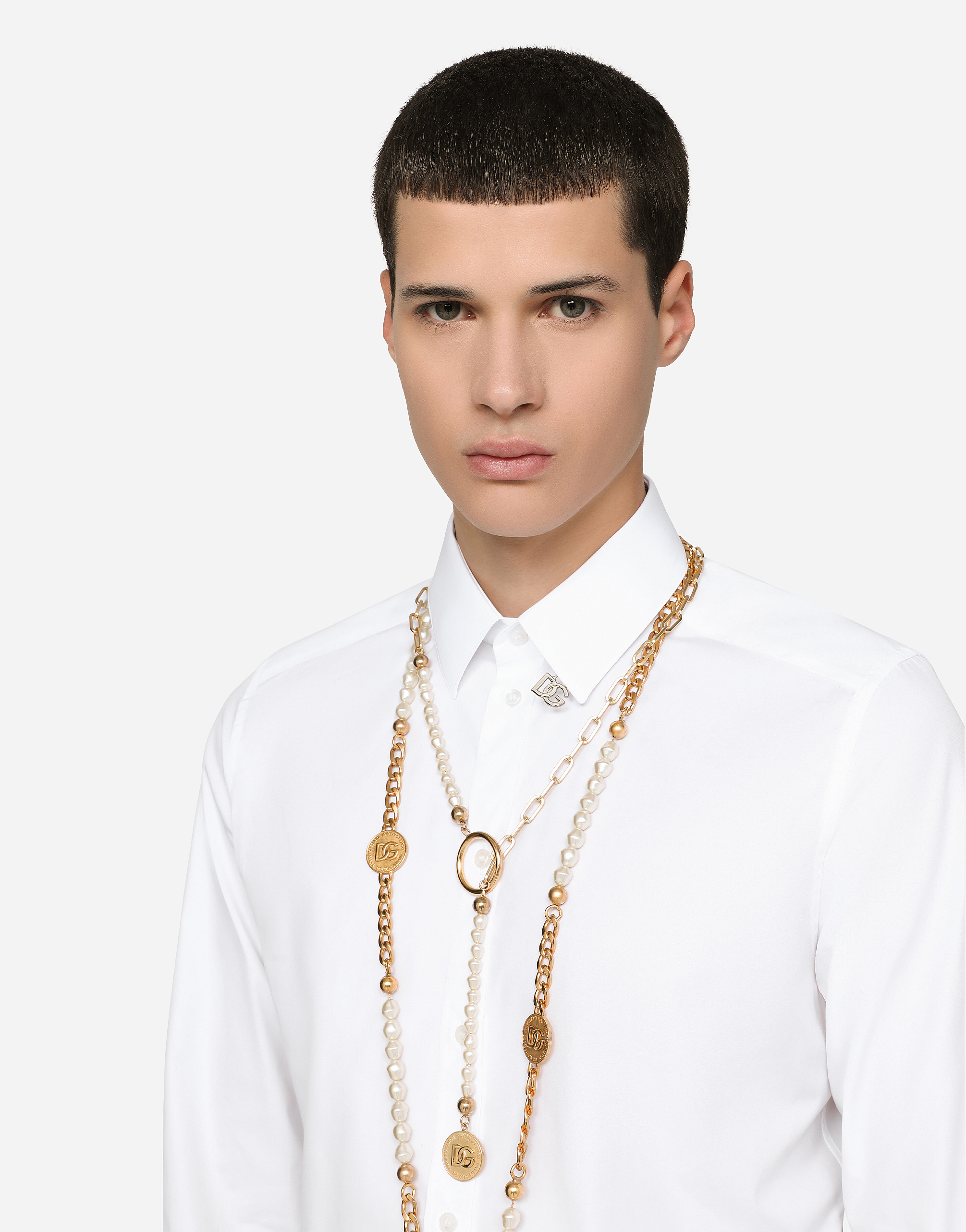 Chemise gold en lamé avec écusson Doré | Chemises Dolce & Gabbana Homme