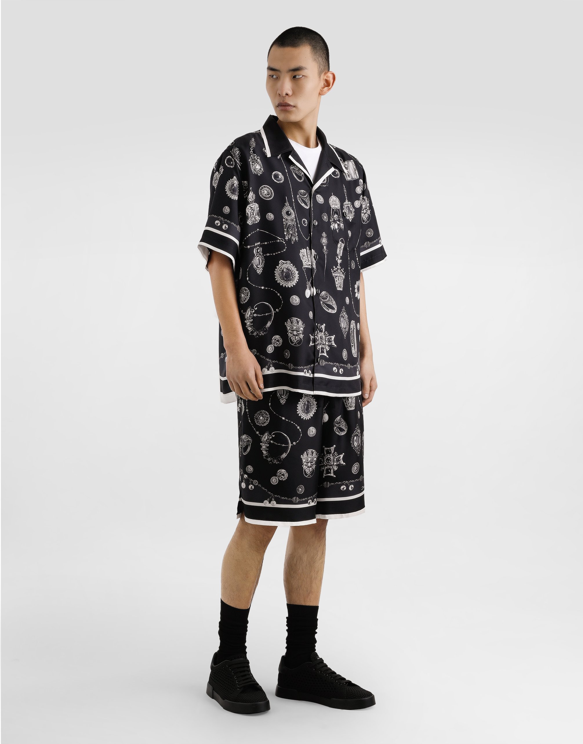 Dolce & Gabbana Medal-print Silk Twill Bermuda Shorts In Black