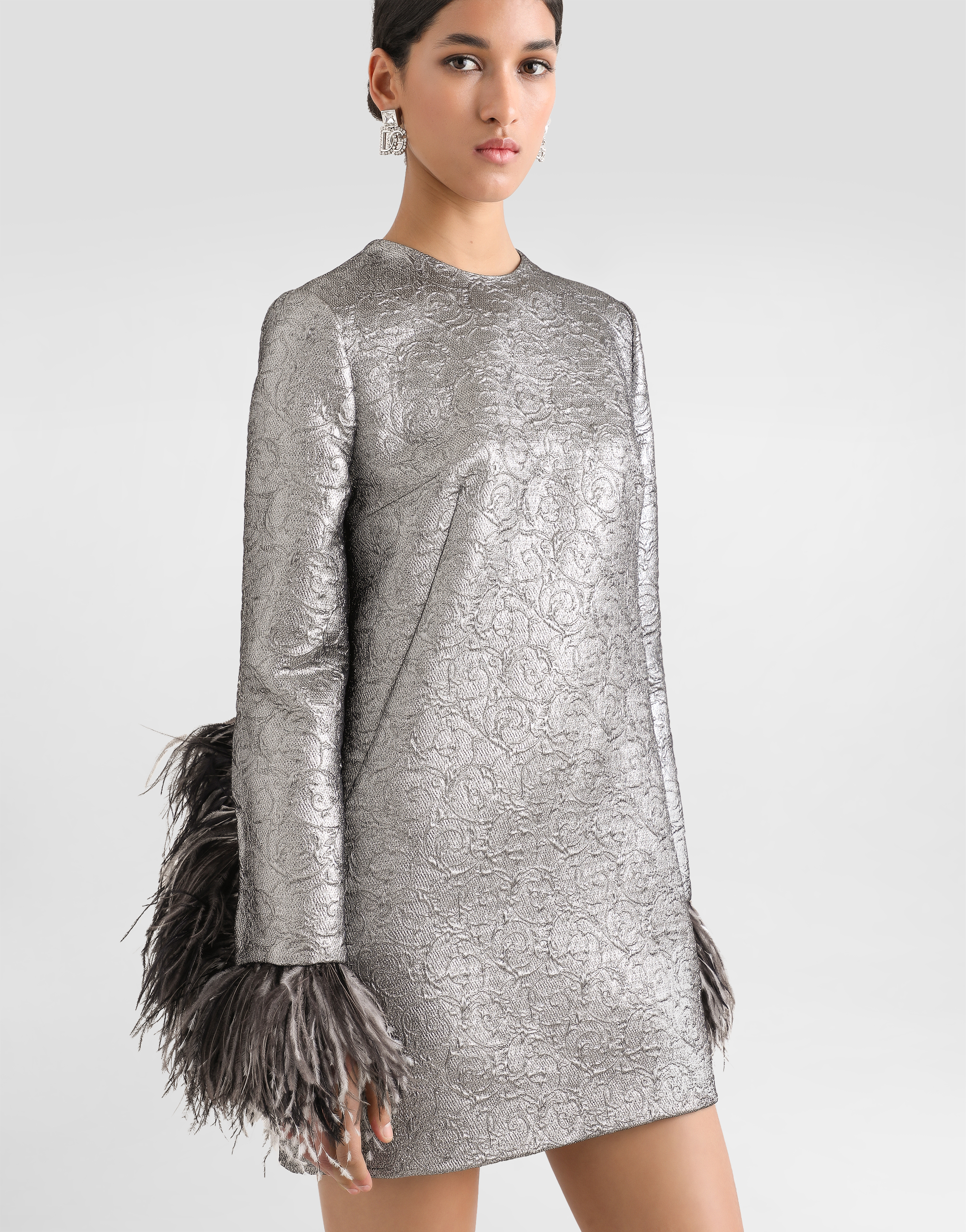 Dolce & Gabbana Feather-trim Mini Dress In Silver