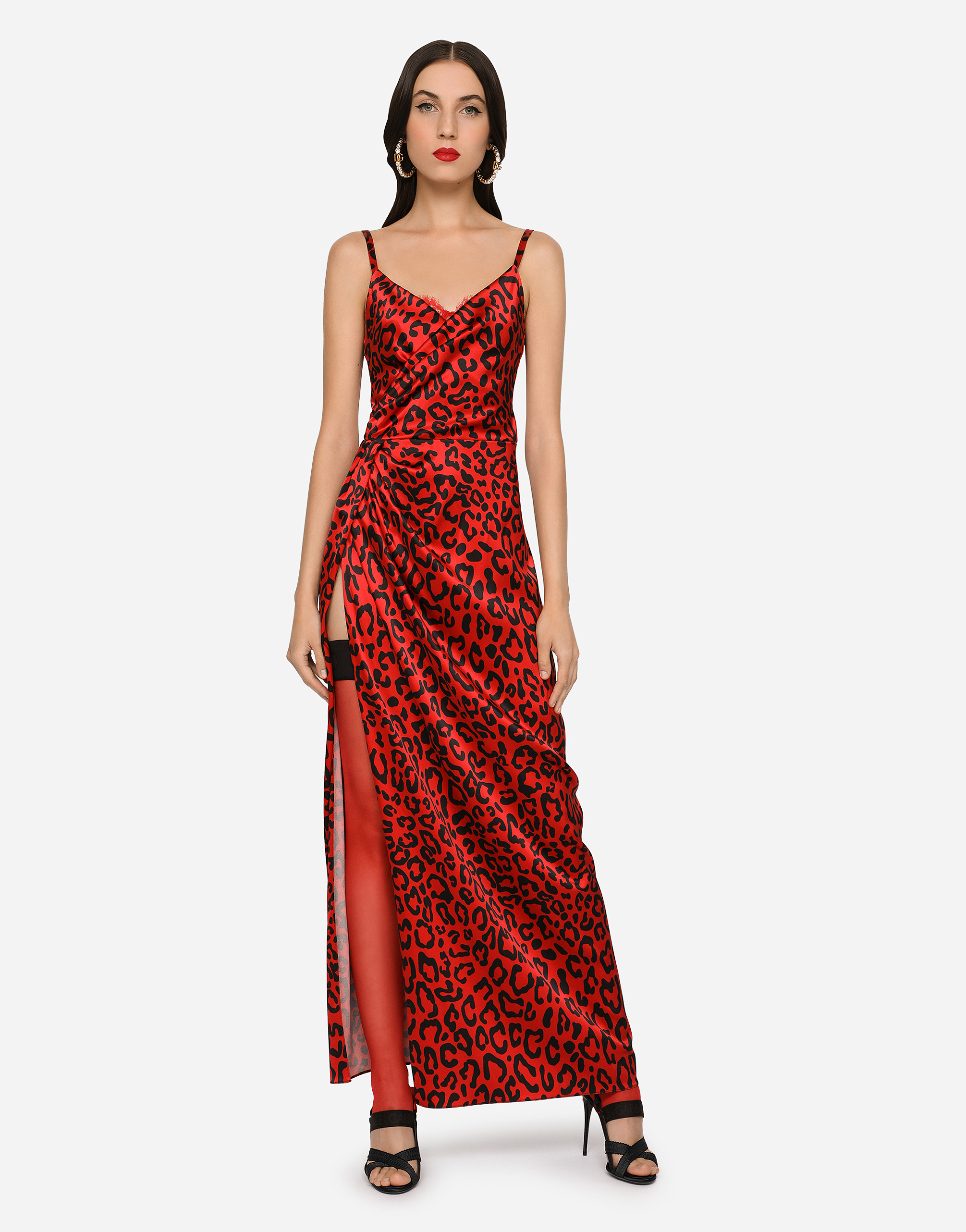DOLCE & GABBANA LONG LEOPARD-PRINT SATIN DRESS