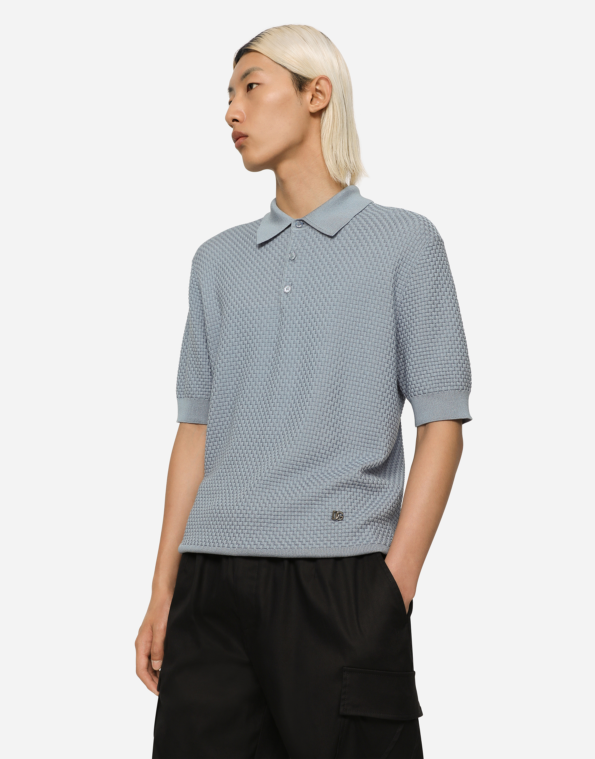  Dolce & Gabbana Stretch Cotton Polo-shirt With Dg Hardware - Man Sweaters And Cardigans Light Blue 54 