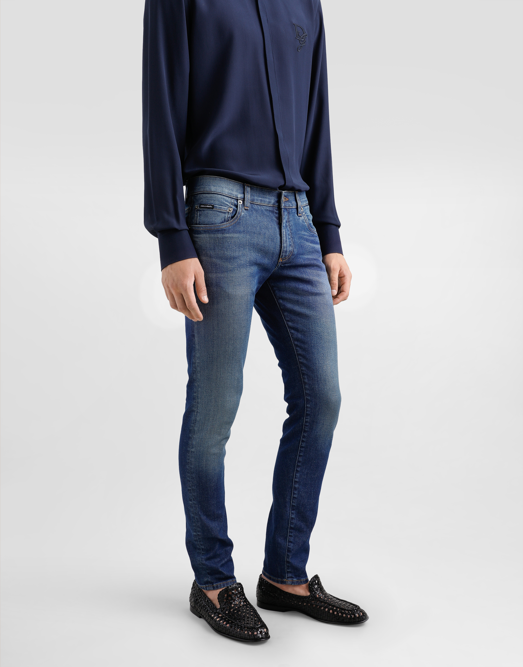 Dolce & Gabbana Skinny Stretch Cotton Jeans With Logo Embroidery In Multicolor