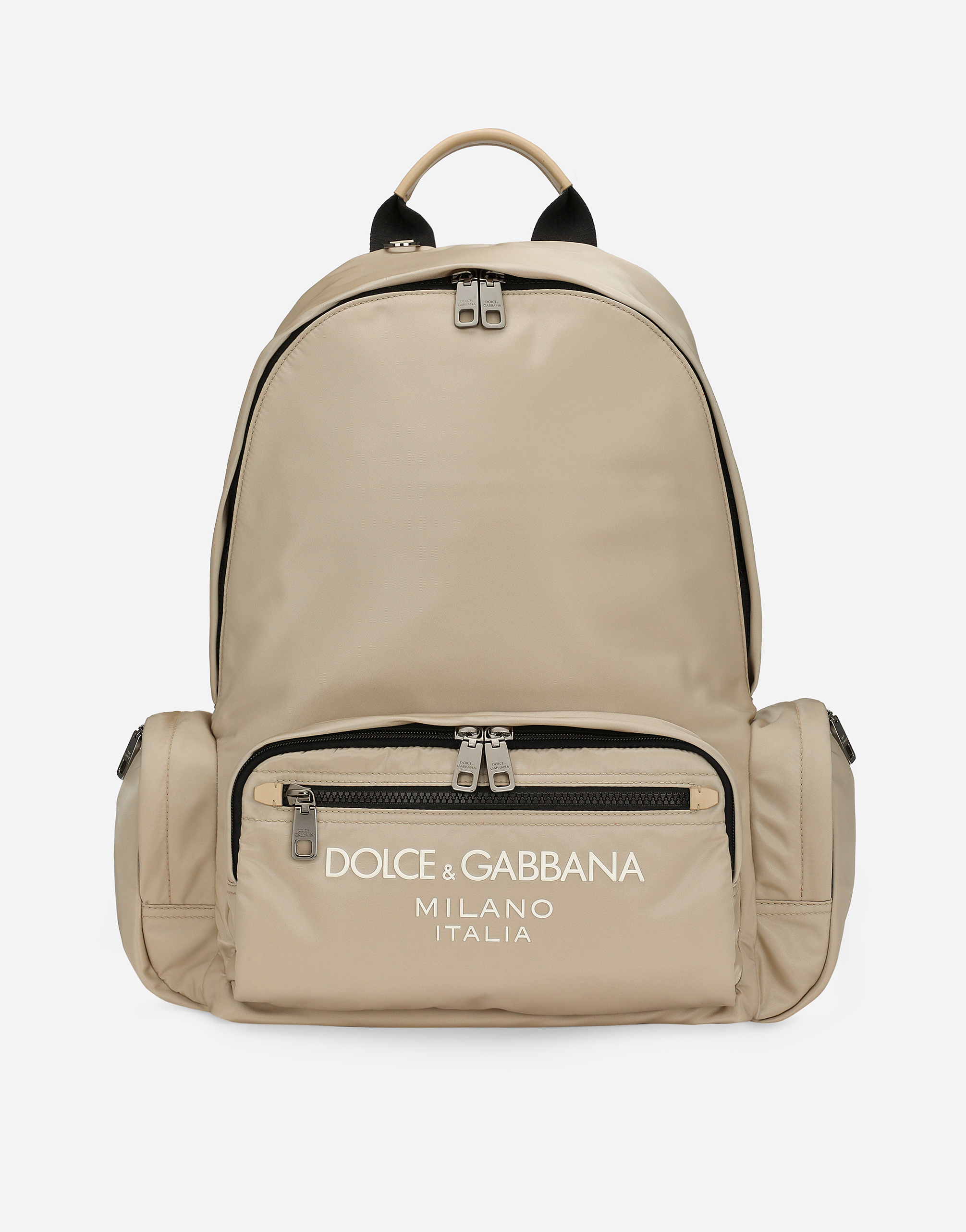 Dolce & Gabbana Nylon Backpack With Rubberized Logo In Beige