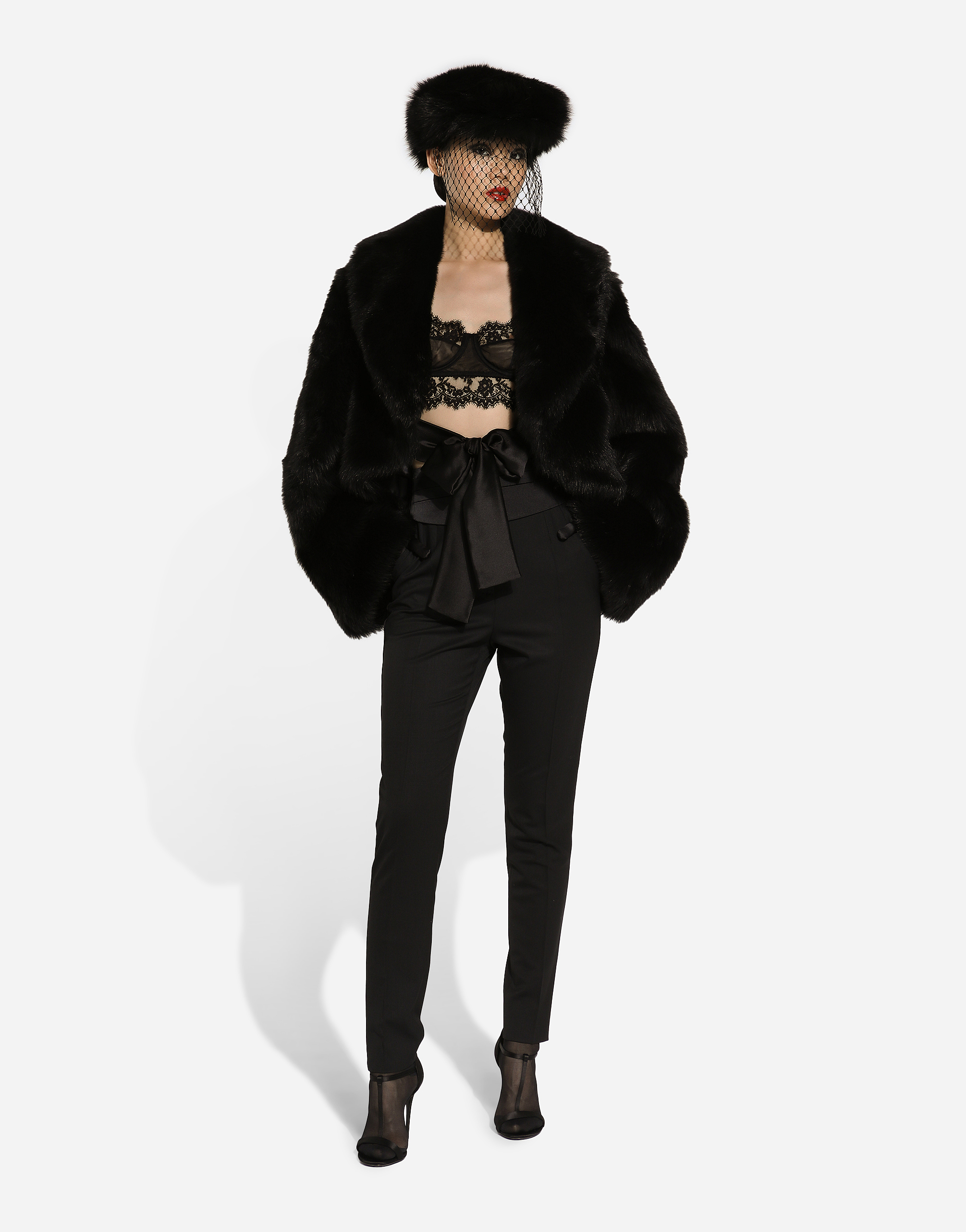 Dolce & Gabbana Belted Faux-fur Jacket In Black
