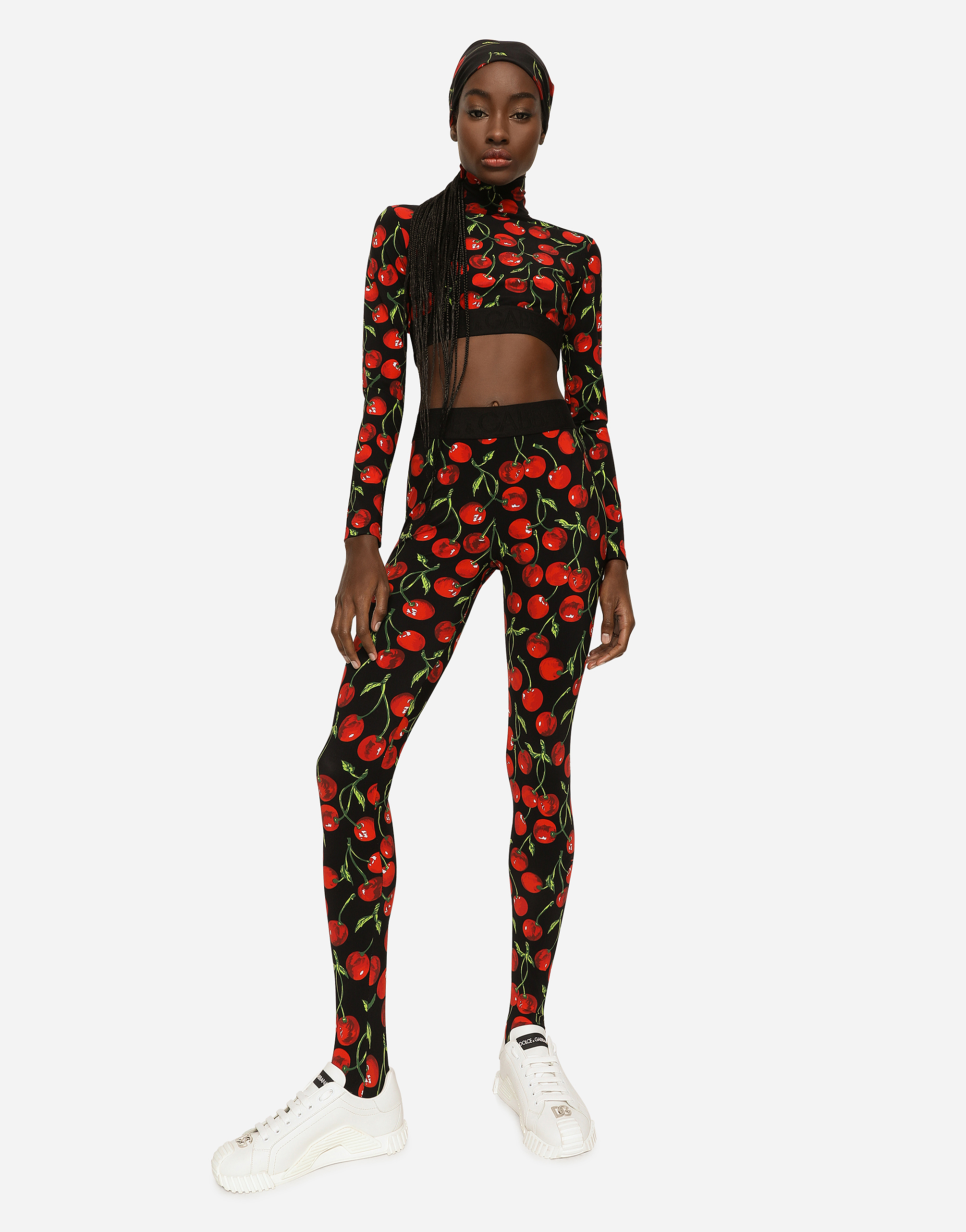 DOLCE & GABBANA CHERRY-PRINT TECHNICAL JERSEY TURTLE-NECK TOP WITH BRANDED ELASTIC