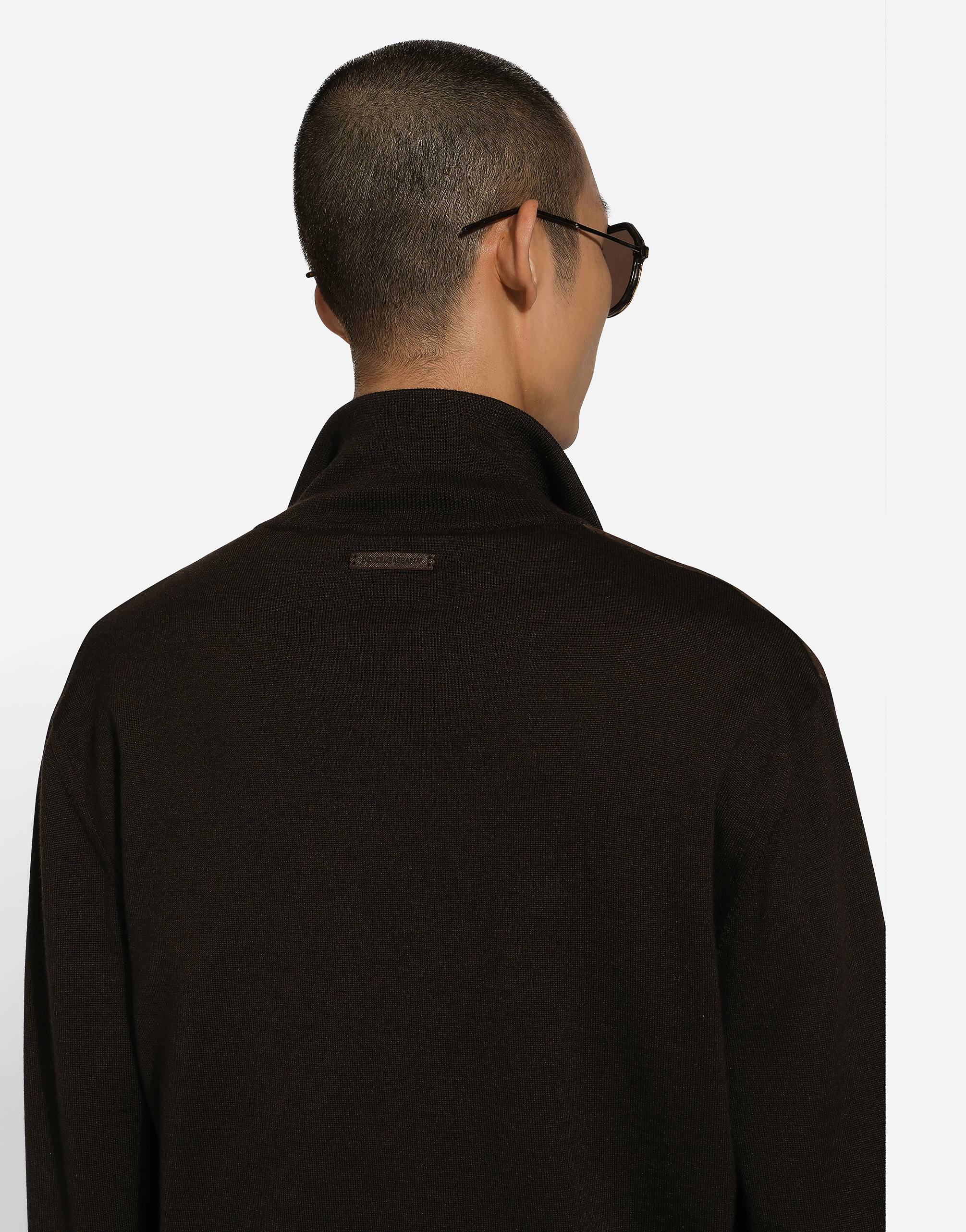 High-necked leather and wool jacket