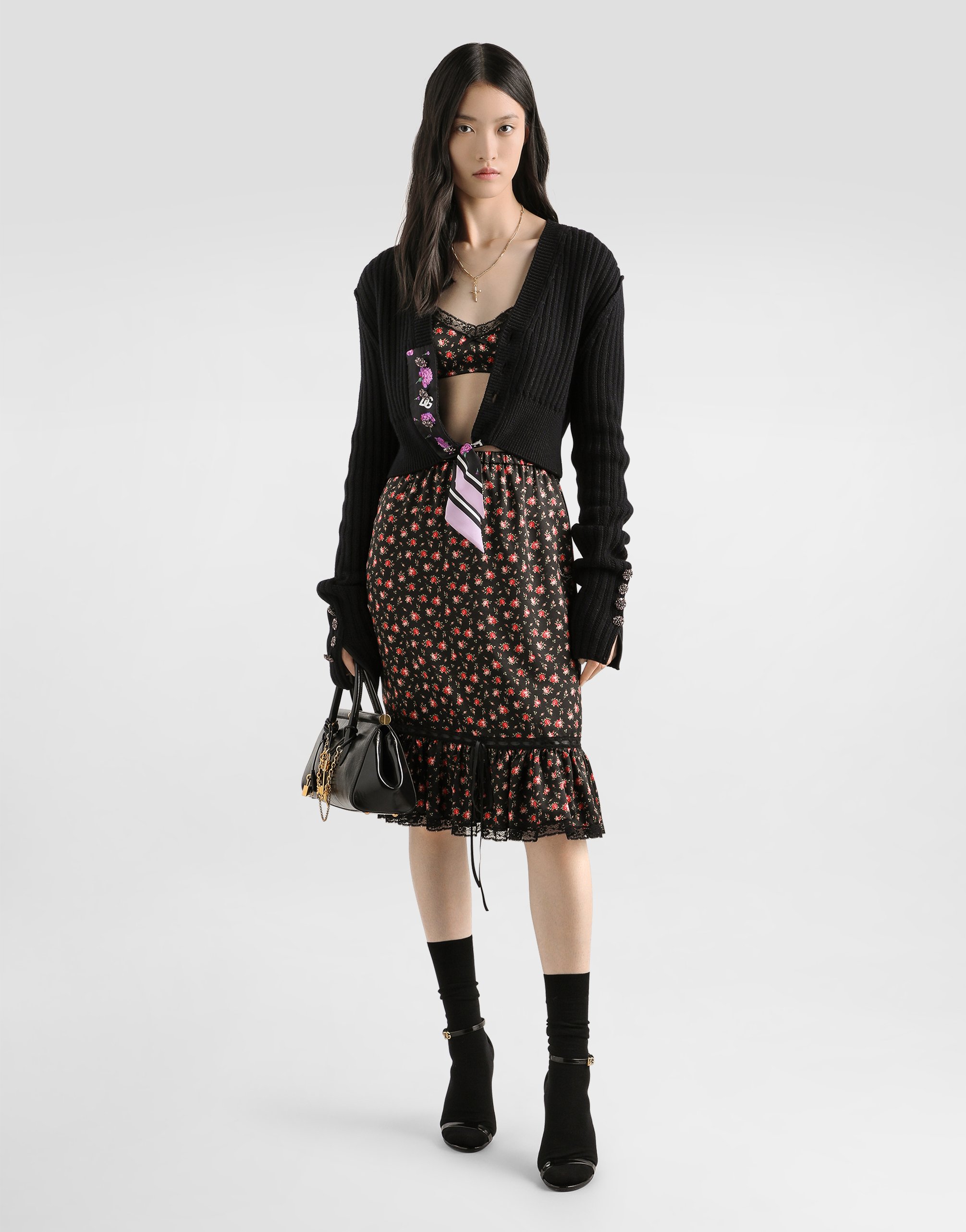 Dolce & Gabbana Small Rose-print Skirt With Flounce In Multi