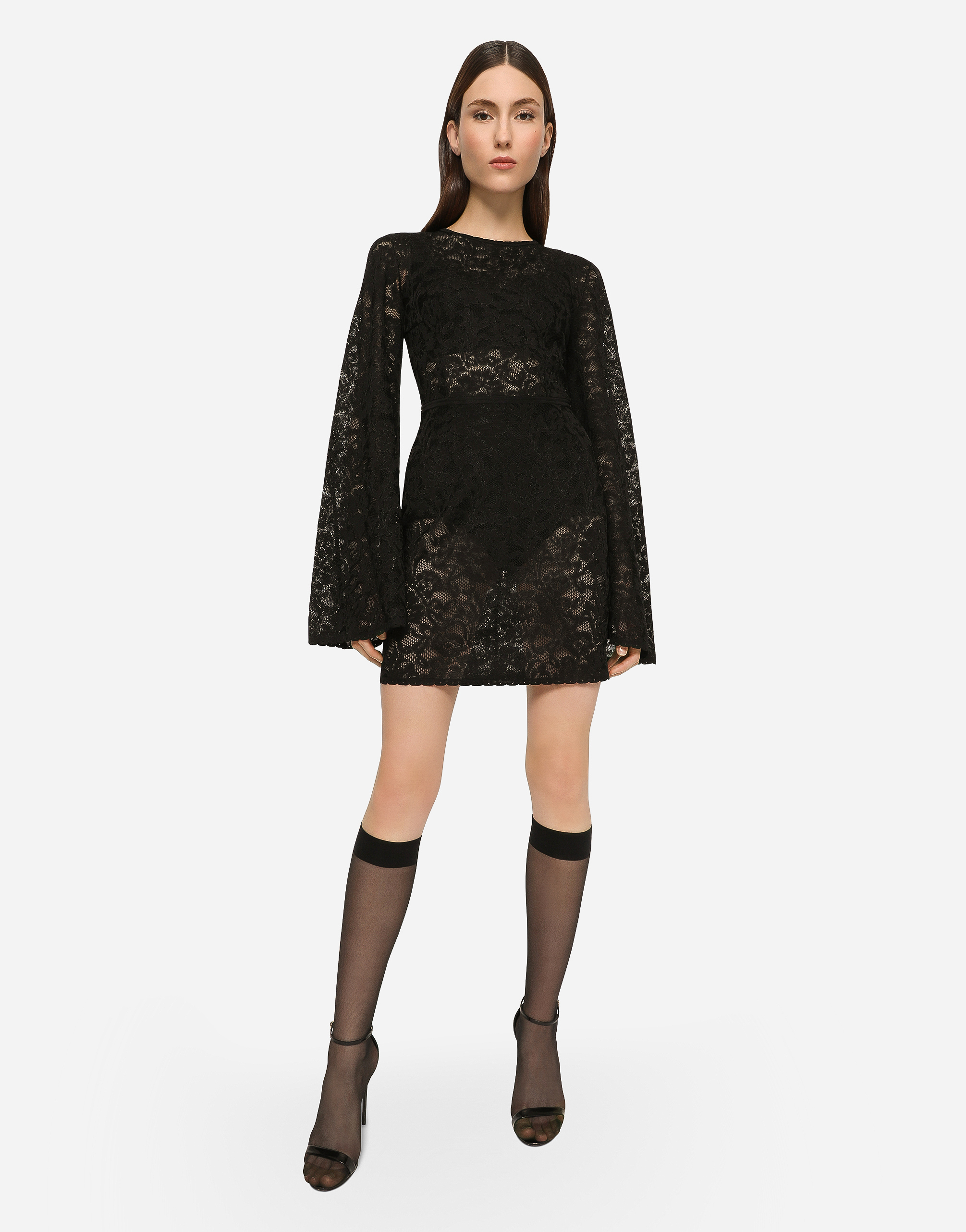 Short lace-stitch dress with full sleeves