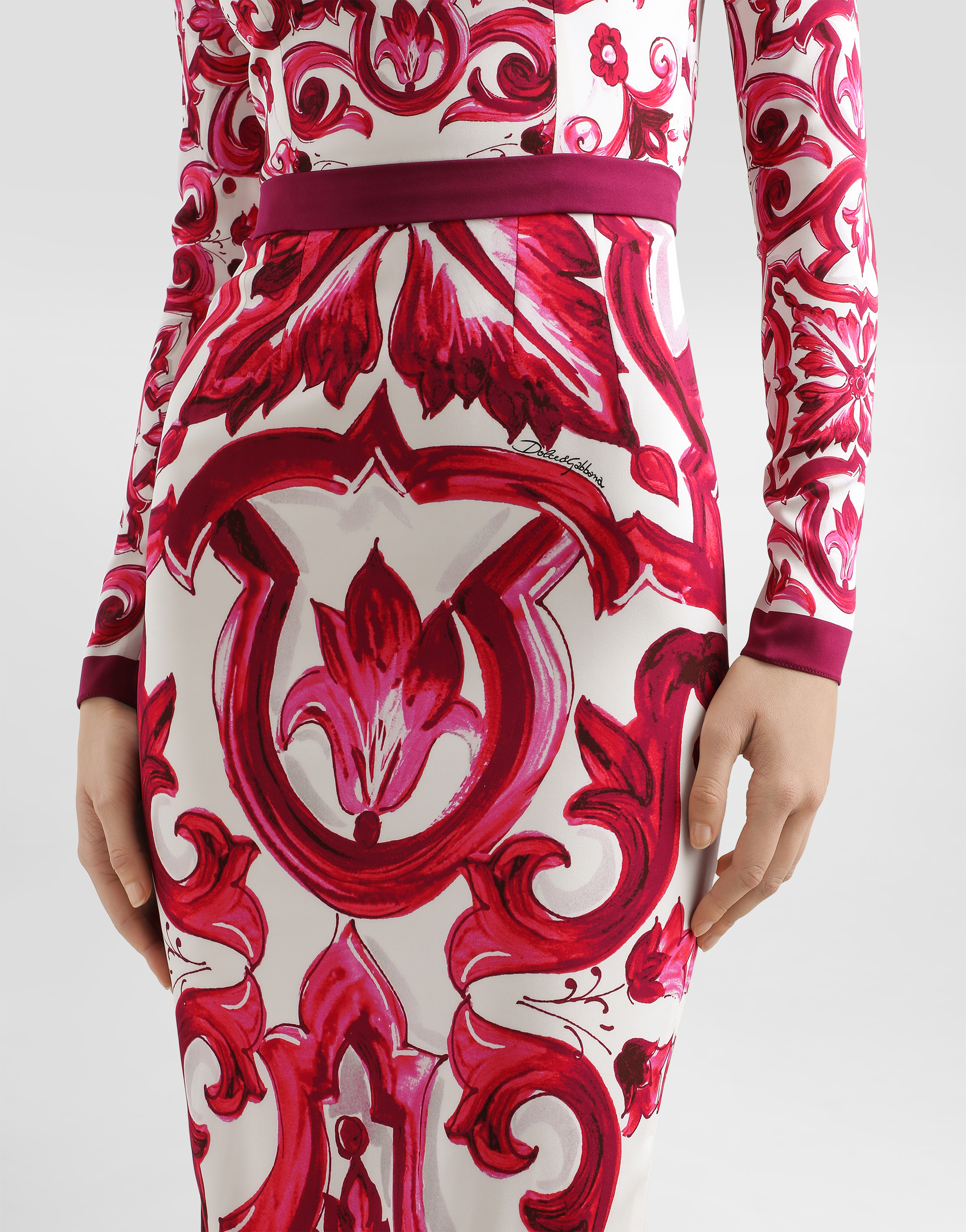 DOLCE & GABBANA MAJOLICA-PRINT CHARMEUSE MIDI DRESS