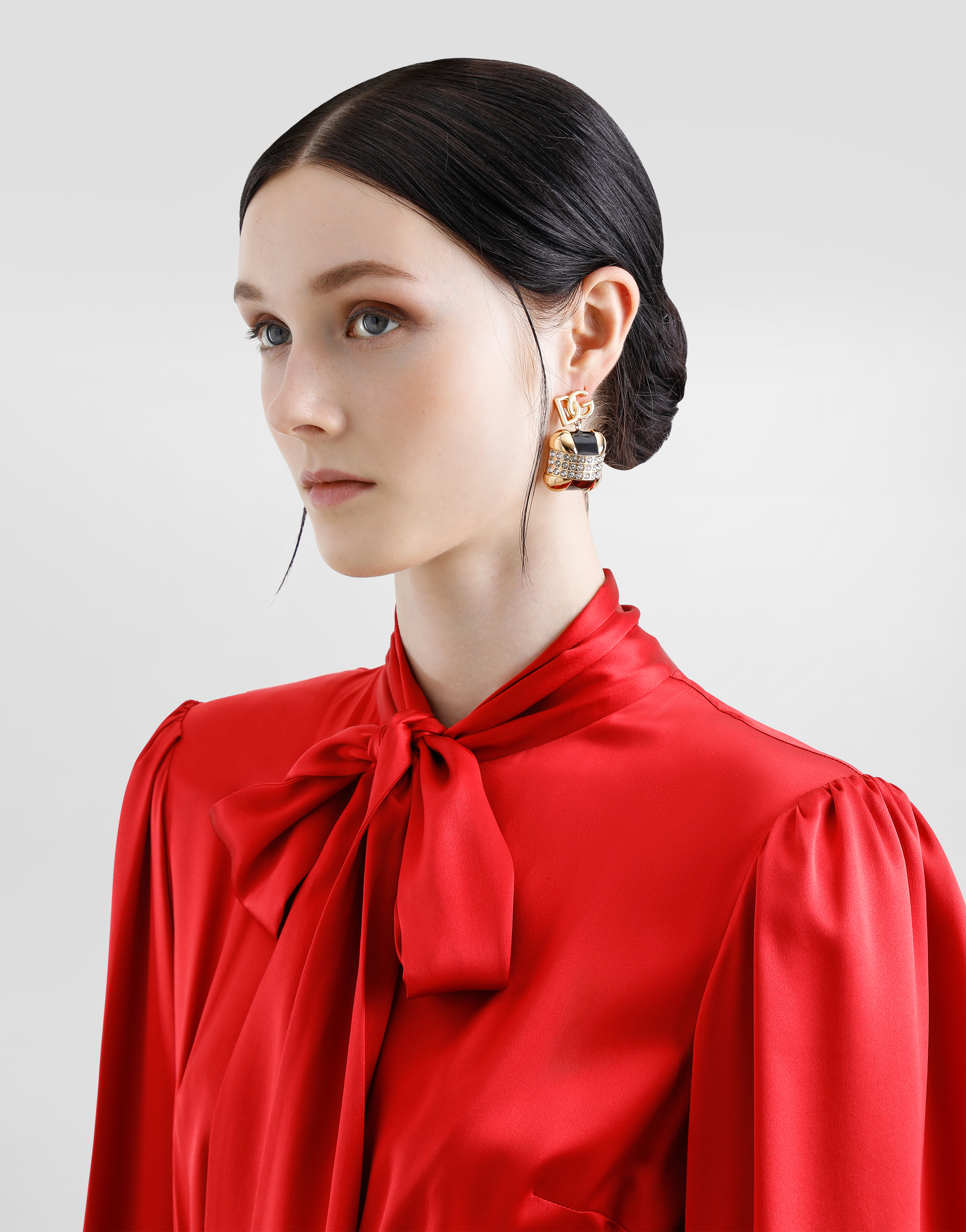 Dolce & Gabbana Silk Satin Shirt Dress With Pussy-bow In Bordeaux