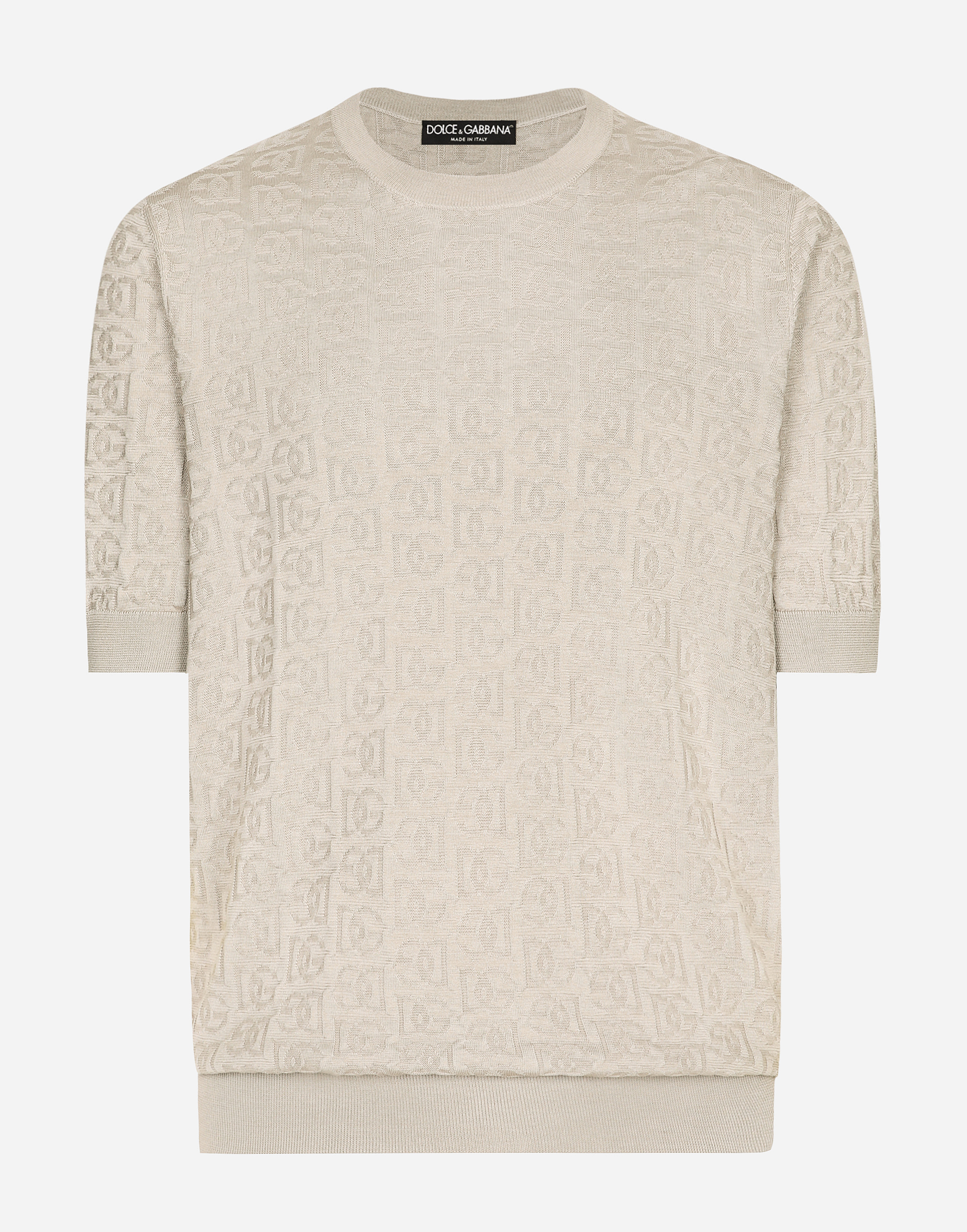 Silk jacquard round-neck sweater with DG logo in Beige for Men