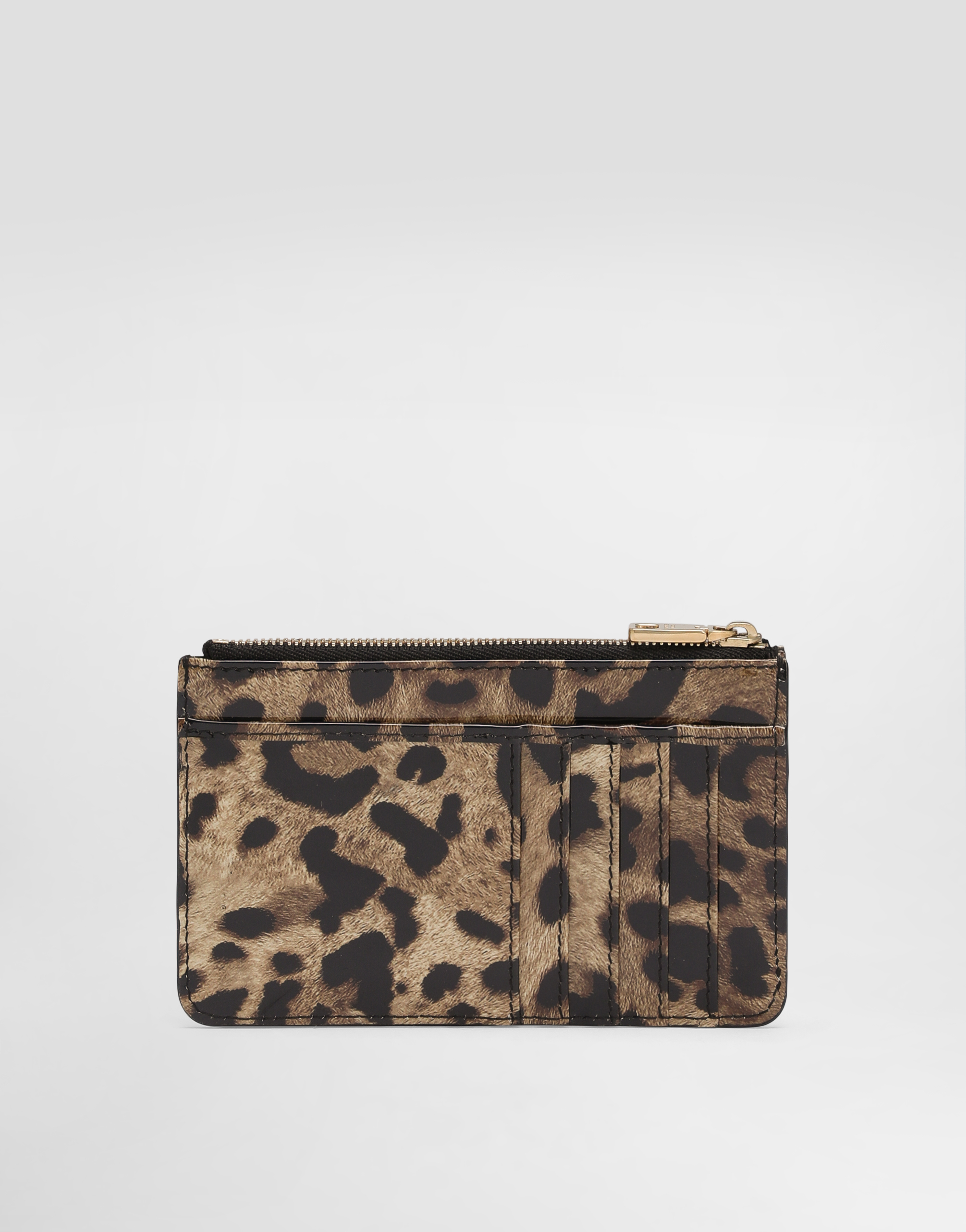 Medium leopard-print polished calfskin card holder with zipper