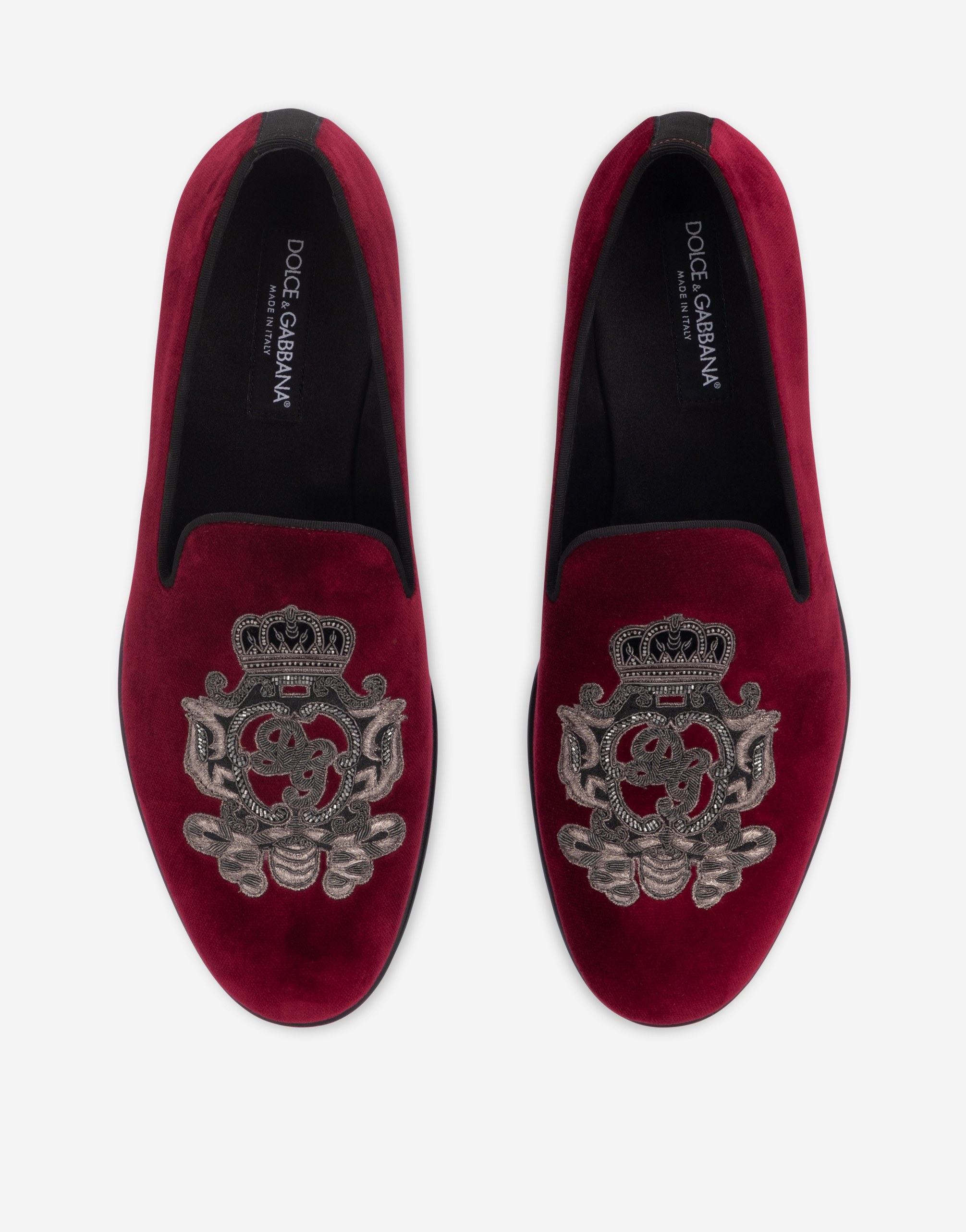 Shop Dolce & Gabbana Velvet Slippers With Coat Of Arms Embroidery In Bordeaux