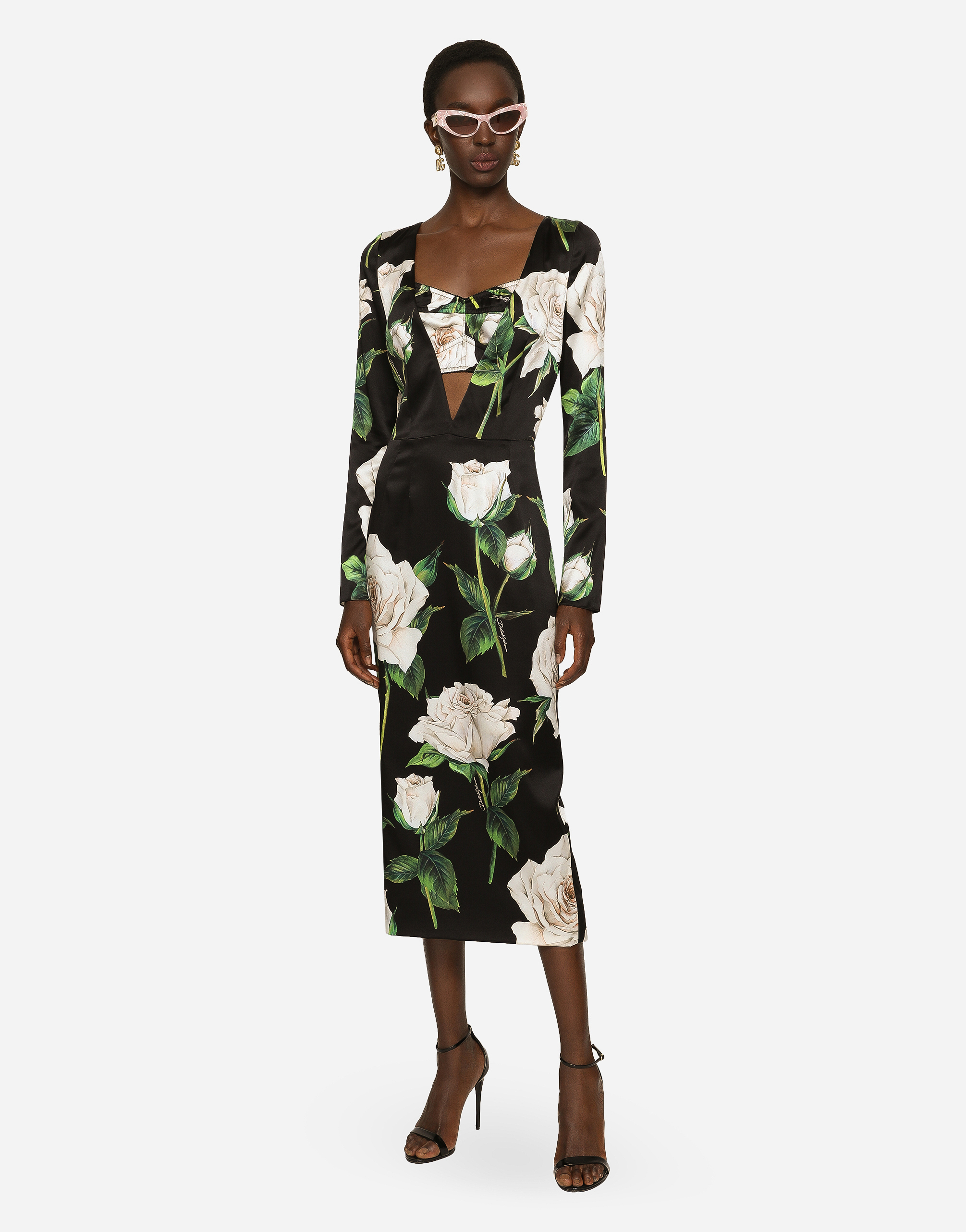 DOLCE & GABBANA SATIN CALF-LENGTH DRESS WITH WHITE ROSE PRINT