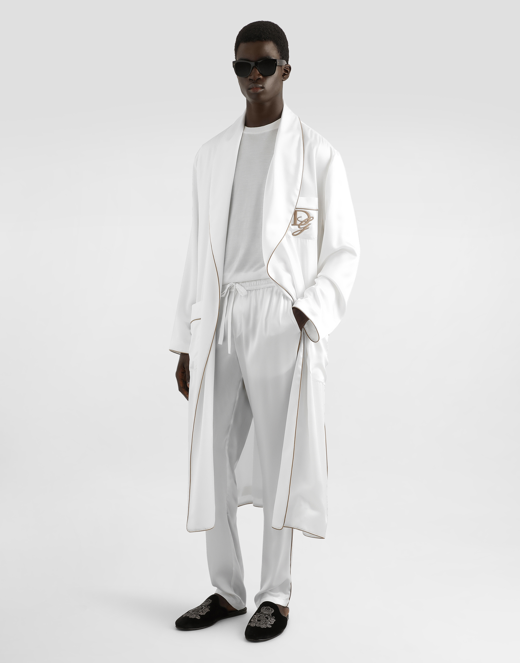  Dolce & Gabbana Robe De Chambre En Soie à Broderie - Homme Sous-vêtements Et Loungewear Blanc Soie 46 