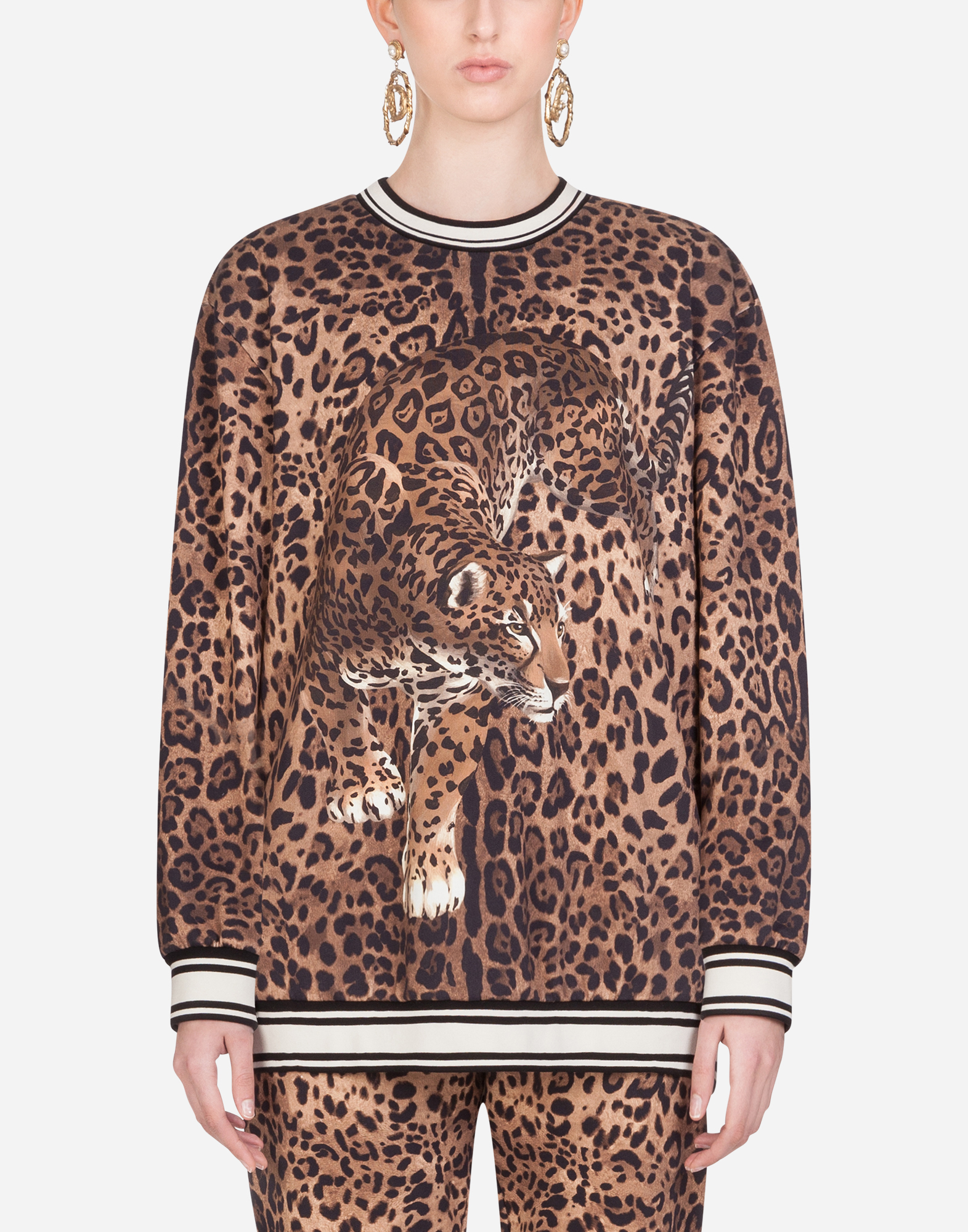 Round-neck jersey sweatshirt with leopard print