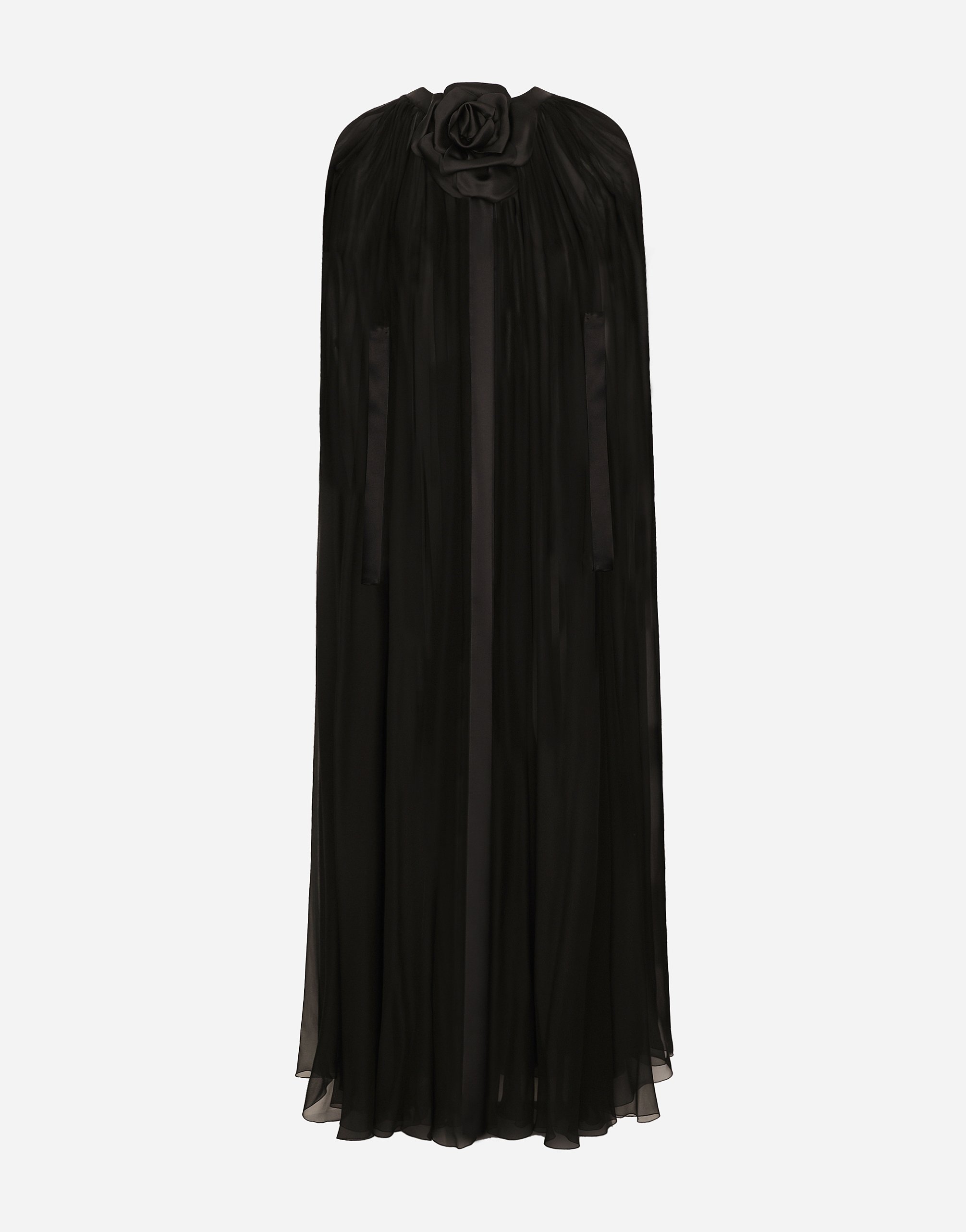 Dolce & Gabbana Silk Chiffon Cape With Flower Appliqué In Black