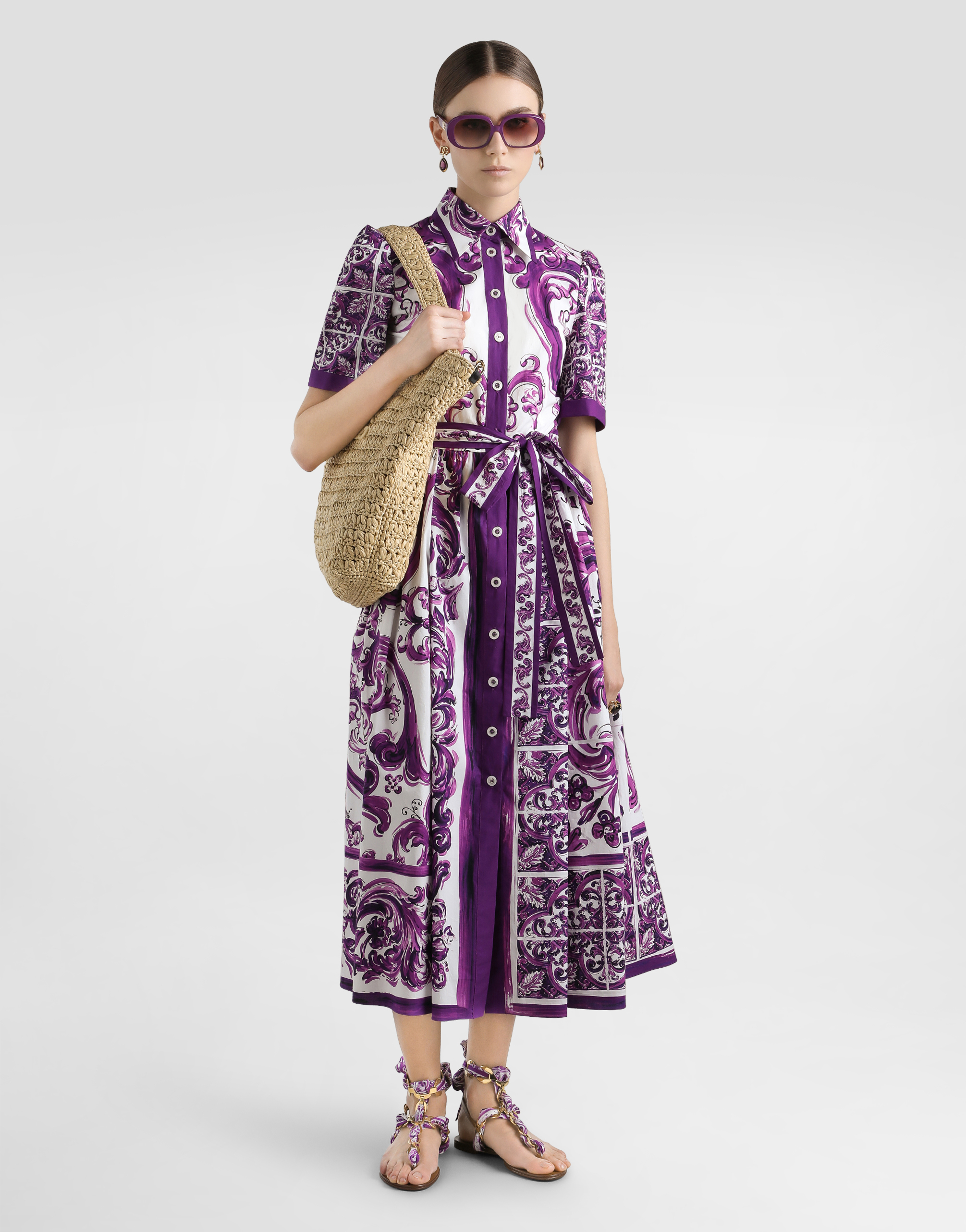 Dolce & Gabbana Collar Dress With Waist Knot And Majolica Print In Purple