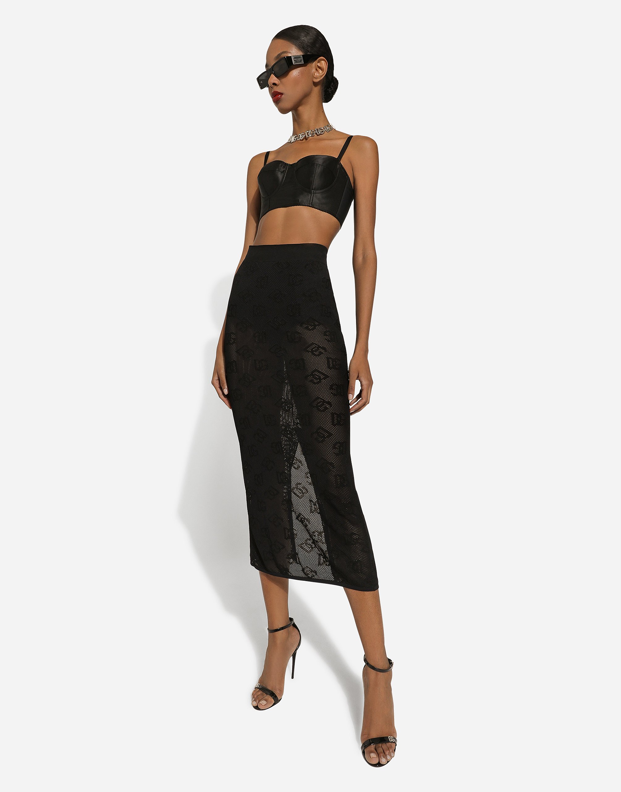 Dolce & Gabbana Mesh-stitch Pencil Skirt With Jacquard Dg Logo In Black