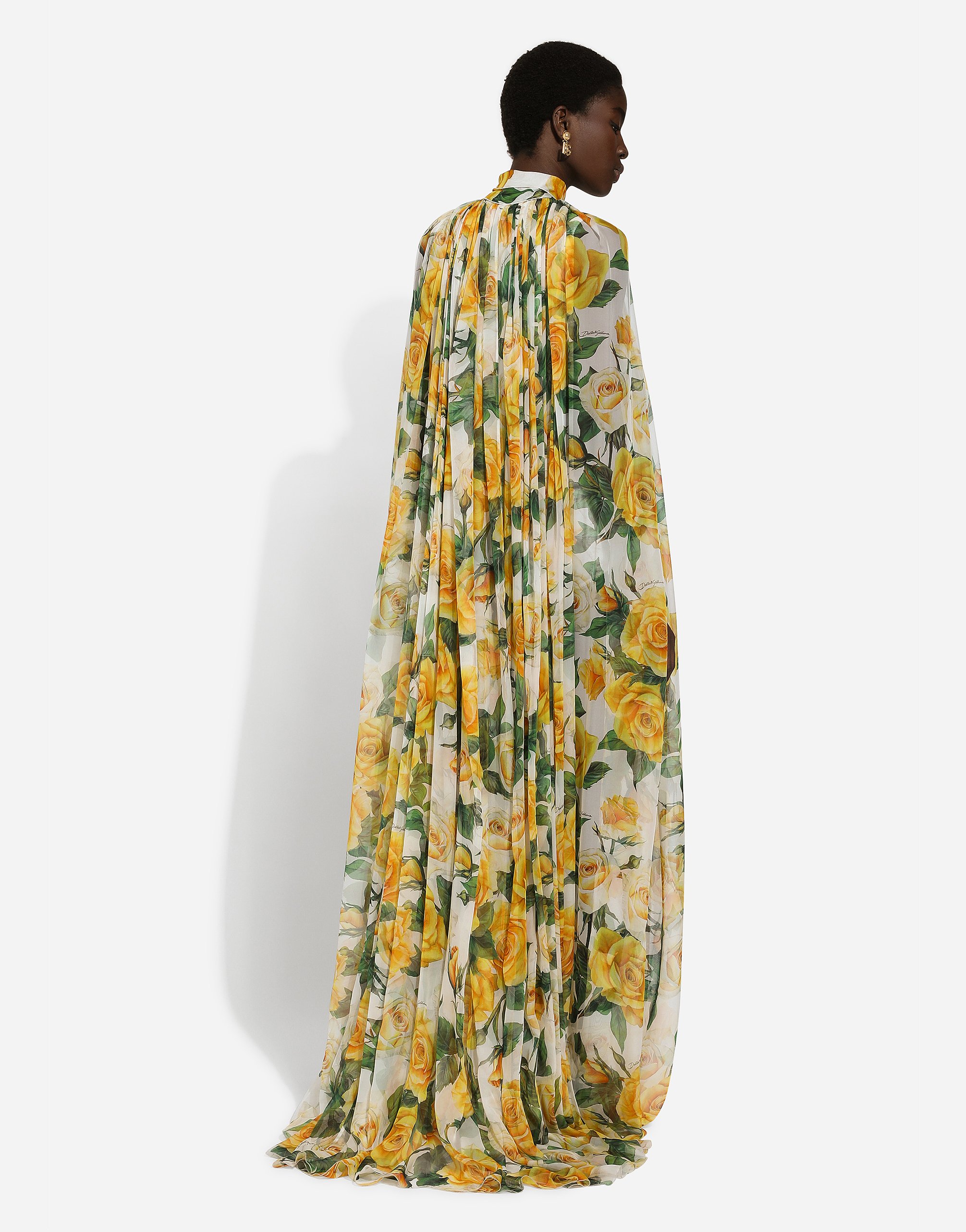 Shop Dolce & Gabbana Silk Chiffon Cape With Yellow Rose Print