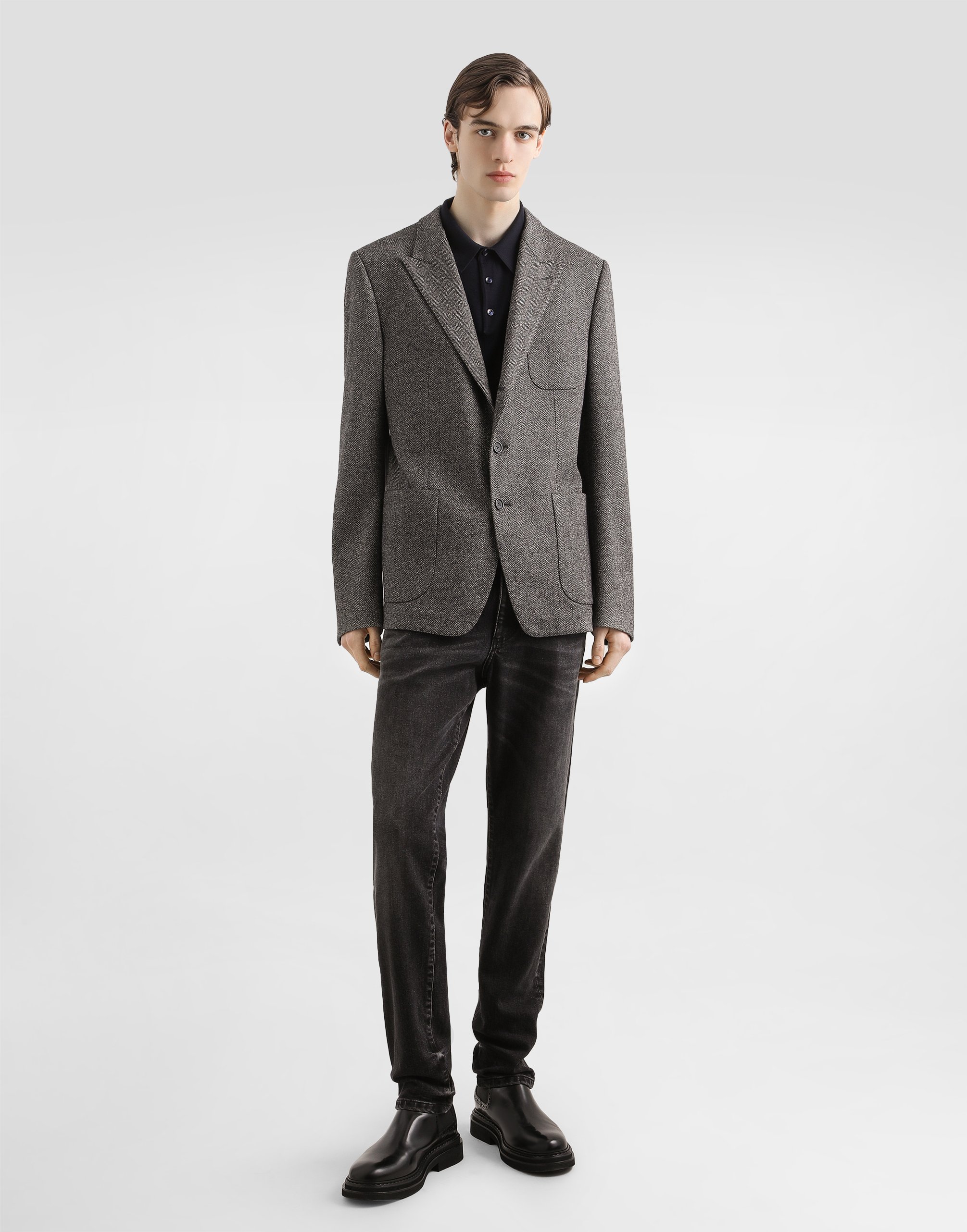 Dolce & Gabbana Single-breasted Herringbone Blazer In Gray