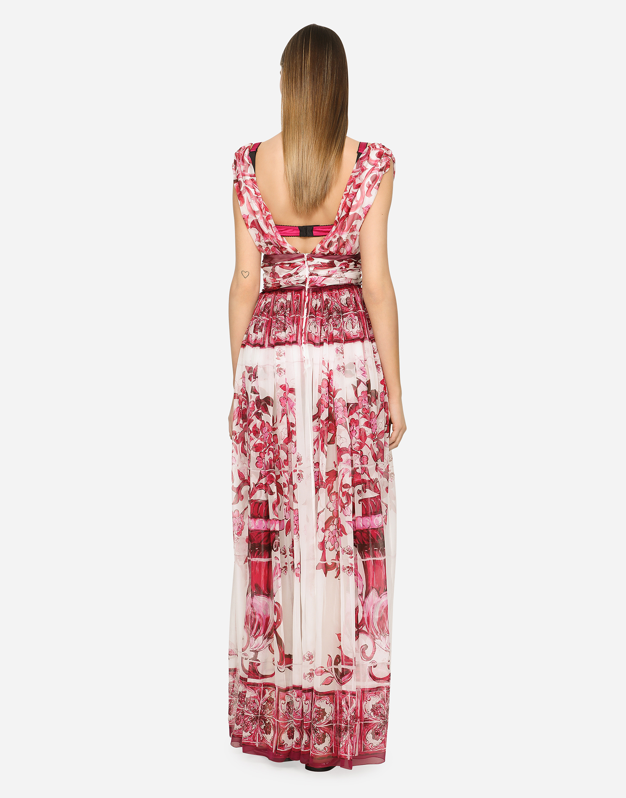 DOLCE & GABBANA LONG MAJOLICA-PRINT CHIFFON DRESS