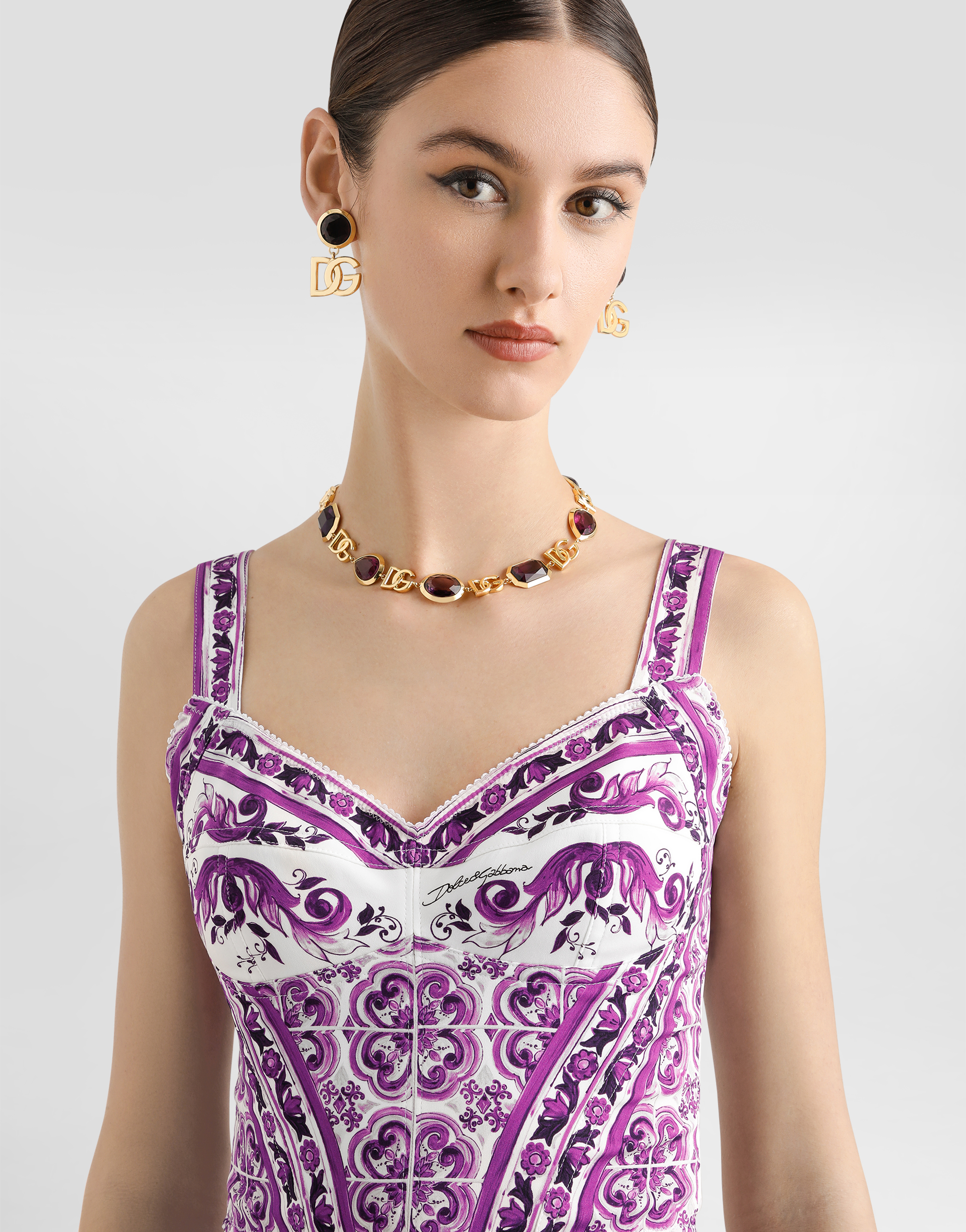 Majolica-print charmeuse bustier top