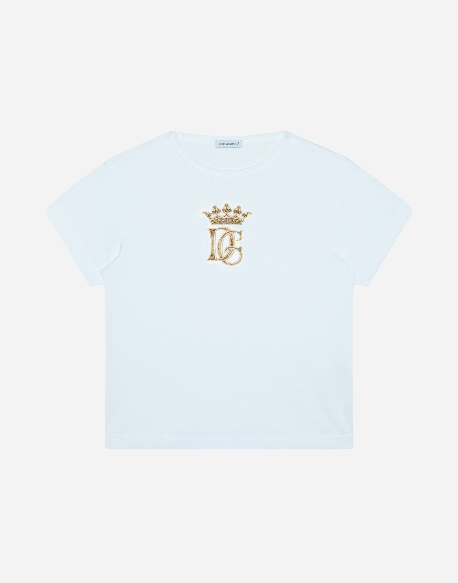 【Dolce&Gabbana】ロゴ クラウン プリント Tシャツ コットン 白 Jersey t-shirt with golden embroidered logo